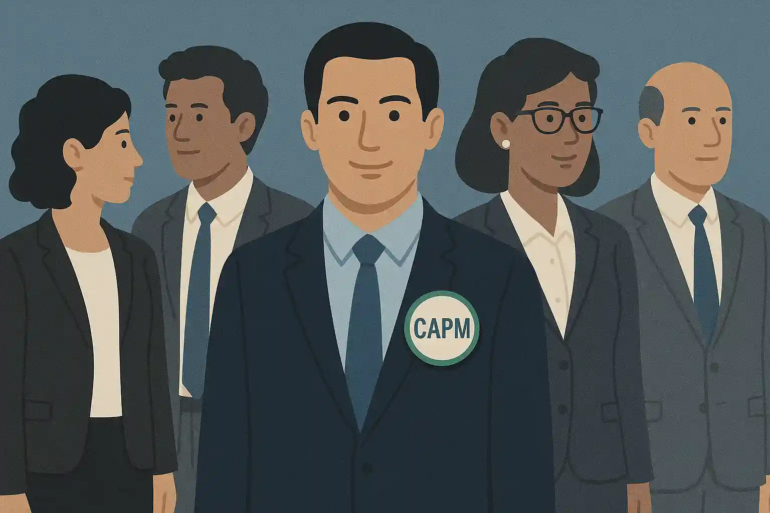An illustration of five professionals in business attire, with the central figure wearing a suit and a badge labeled "PMI CAPM." The diverse group, featuring both men and women, stands confidently against a plain background.