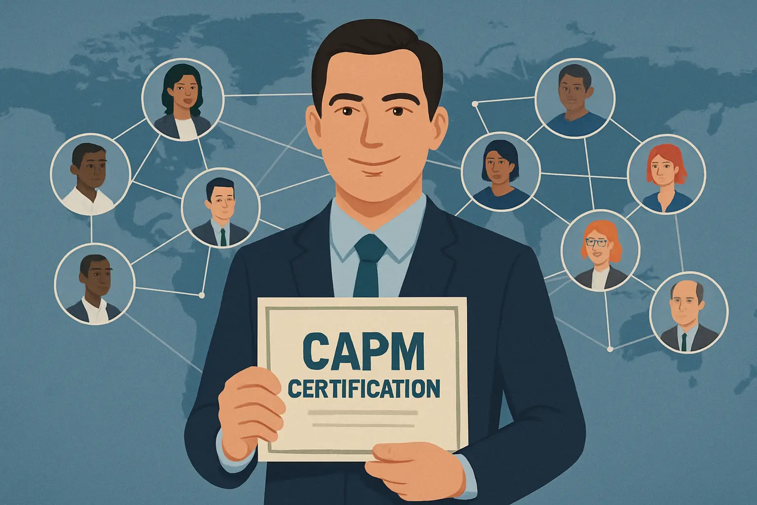 Illustration of a smiling man in a suit holding a PMI CAPM Certification, with a world map and connected professional headshots of diverse people in the background, symbolizing global project management networking.