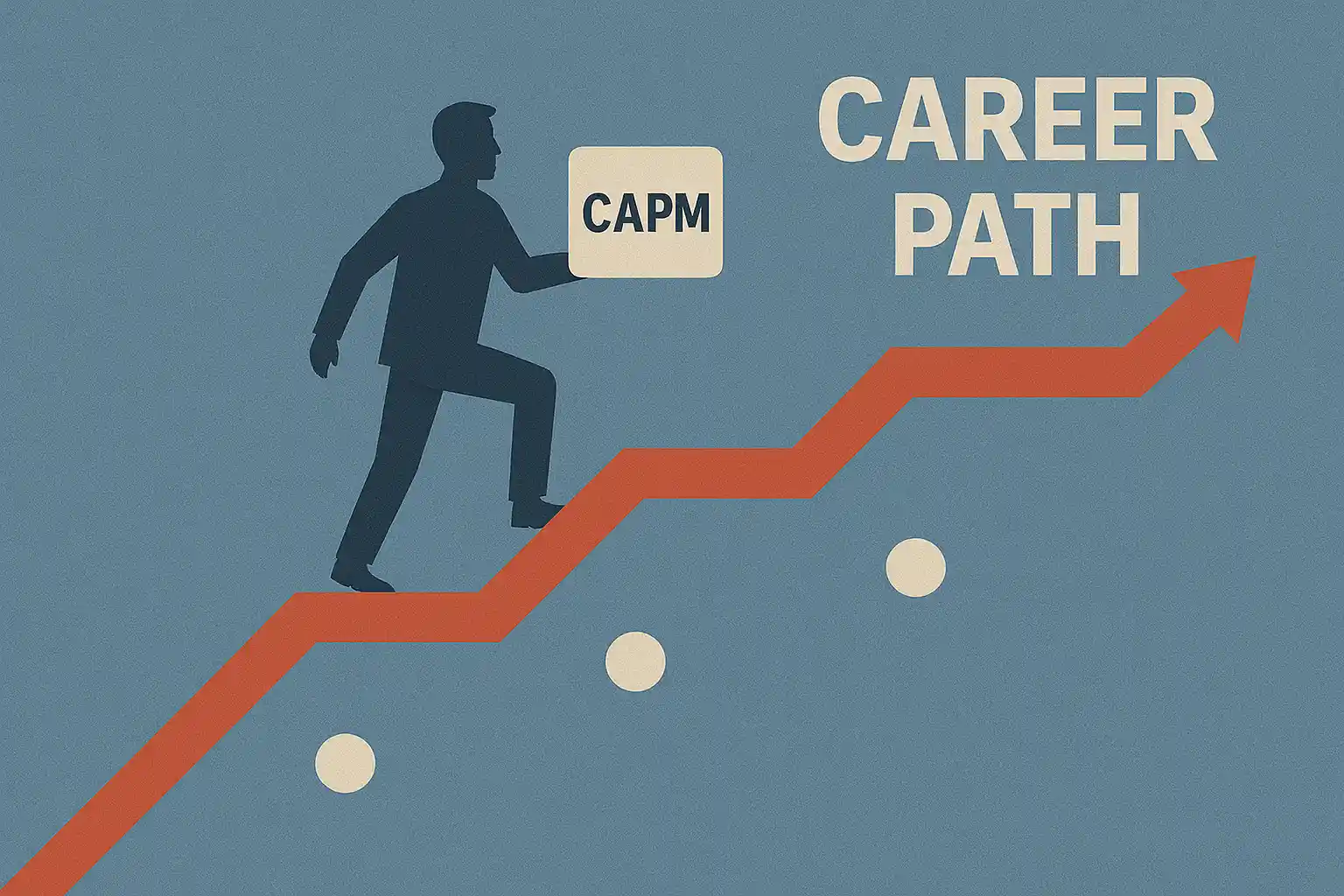 Illustration of a person climbing a red upward arrow while holding a sign labeled "CAPM," with the words "Career Path" in bold letters on a blue background.