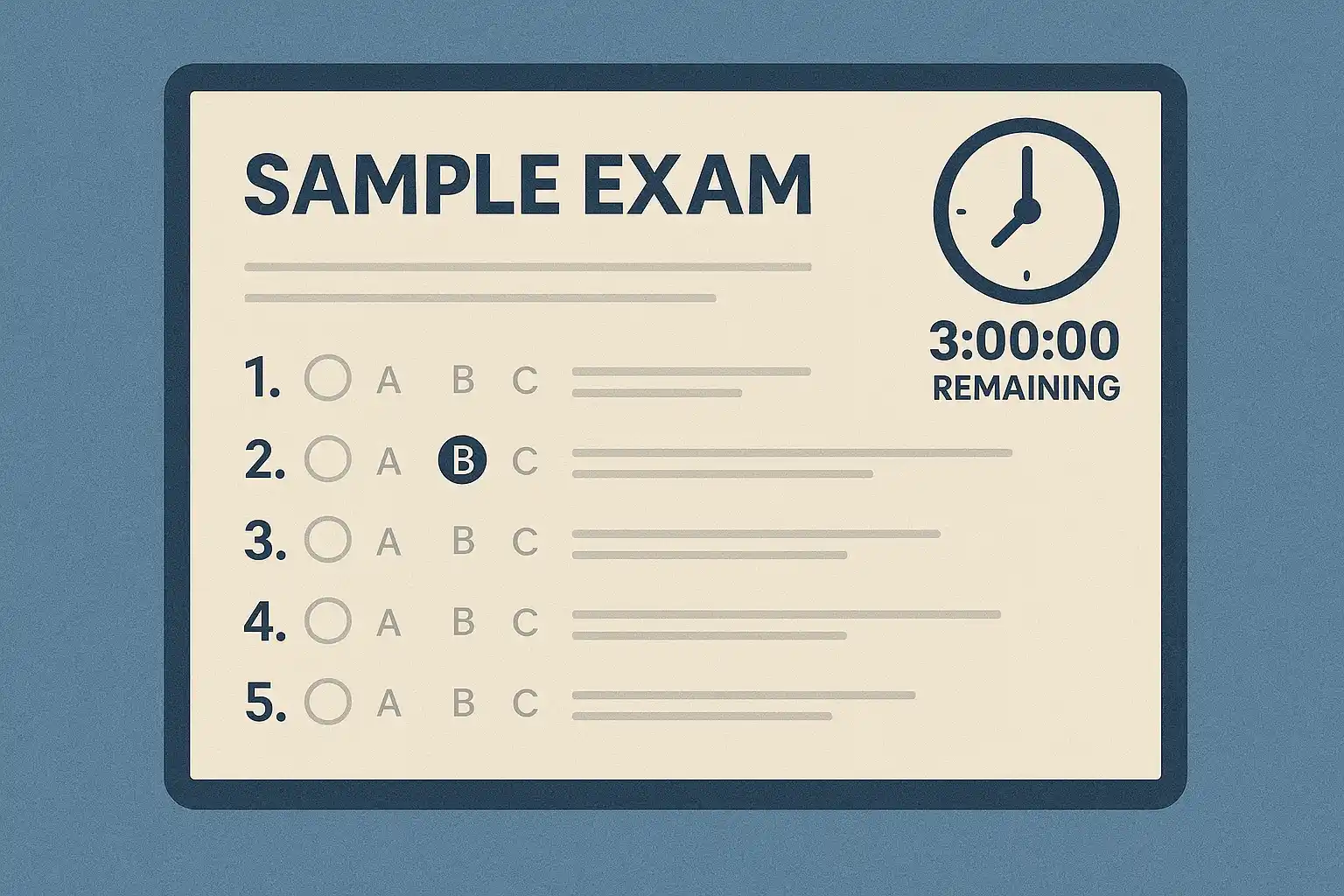 A digital screen displays a sample multiple-choice exam with five questions, answer choices A, B, and C—including "What is CAPM Certification" as one question—and a clock showing 3:00:00. Answer B is selected for question 2.