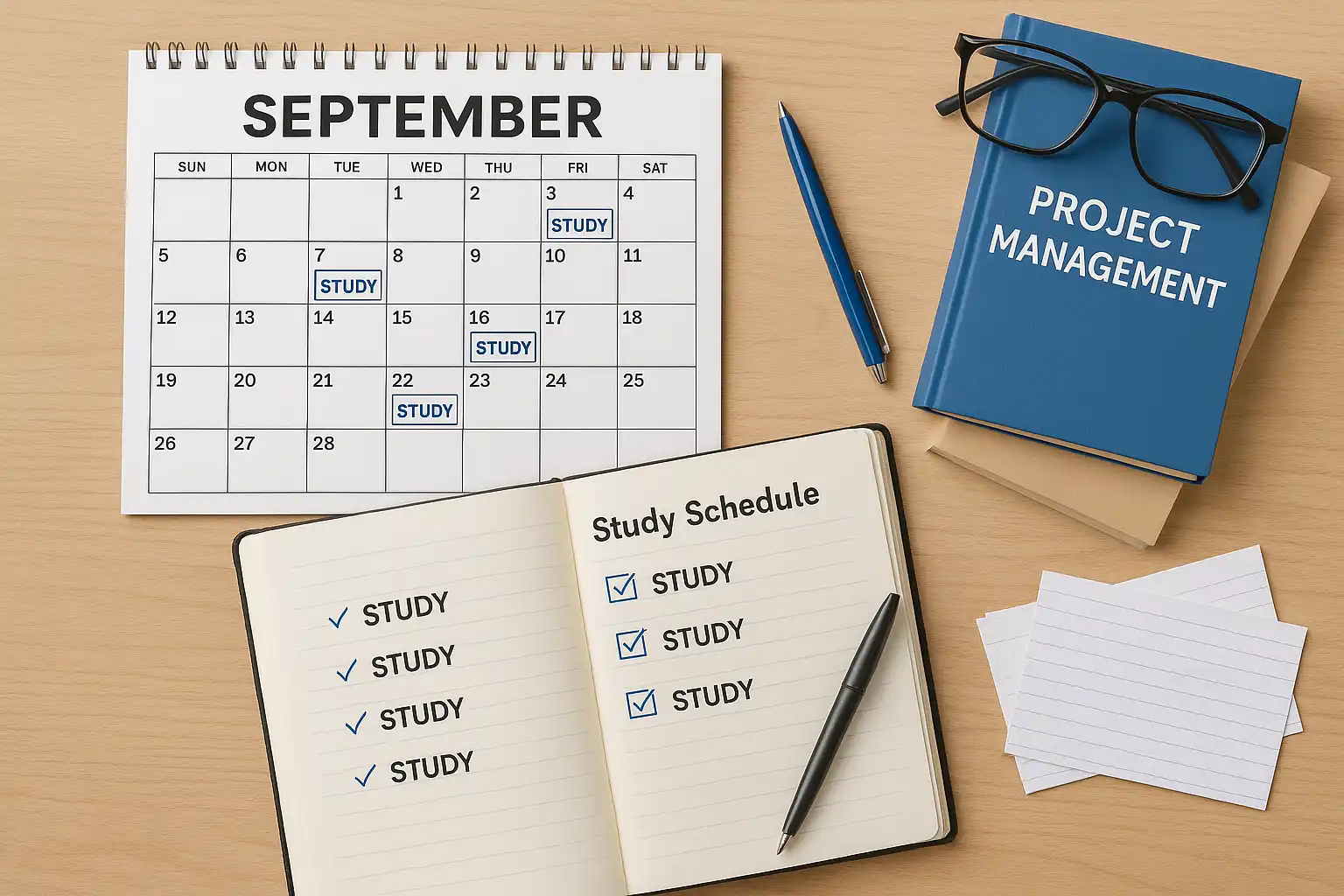 A study calendar for September, a notebook labeled "Project Management," glasses, pen, index cards, and an open notebook with a study schedule create an ideal setup to prepare for exams like What is CAPM Certification.