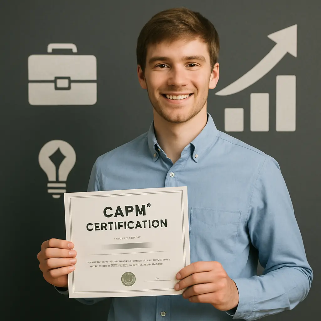 A smiling young man in a light blue shirt holds a CAPM Certification certificate. Behind him are icons of a briefcase, upward graph, and lightbulb representing business and achievement.