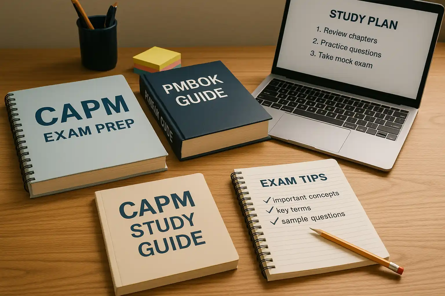 A desk with CAPM exam prep books, a PMBOK guide, a notepad labeled "Exam Tips," sticky notes, a pen, and a laptop displaying a study plan—ideal for answering, "What is a CAPM Certification?" while preparing for the test.