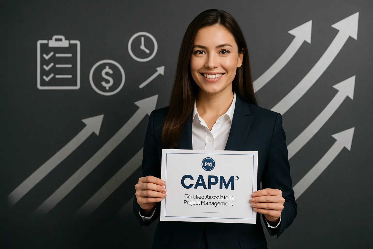 A woman in a suit smiles while holding her CAPM (Certified Associate in Project Management) certificate, highlighting the achievement behind "What is a CAPM Certification?" White icons of a clipboard, clock, dollar sign, and arrows stand out on the dark wall behind her.