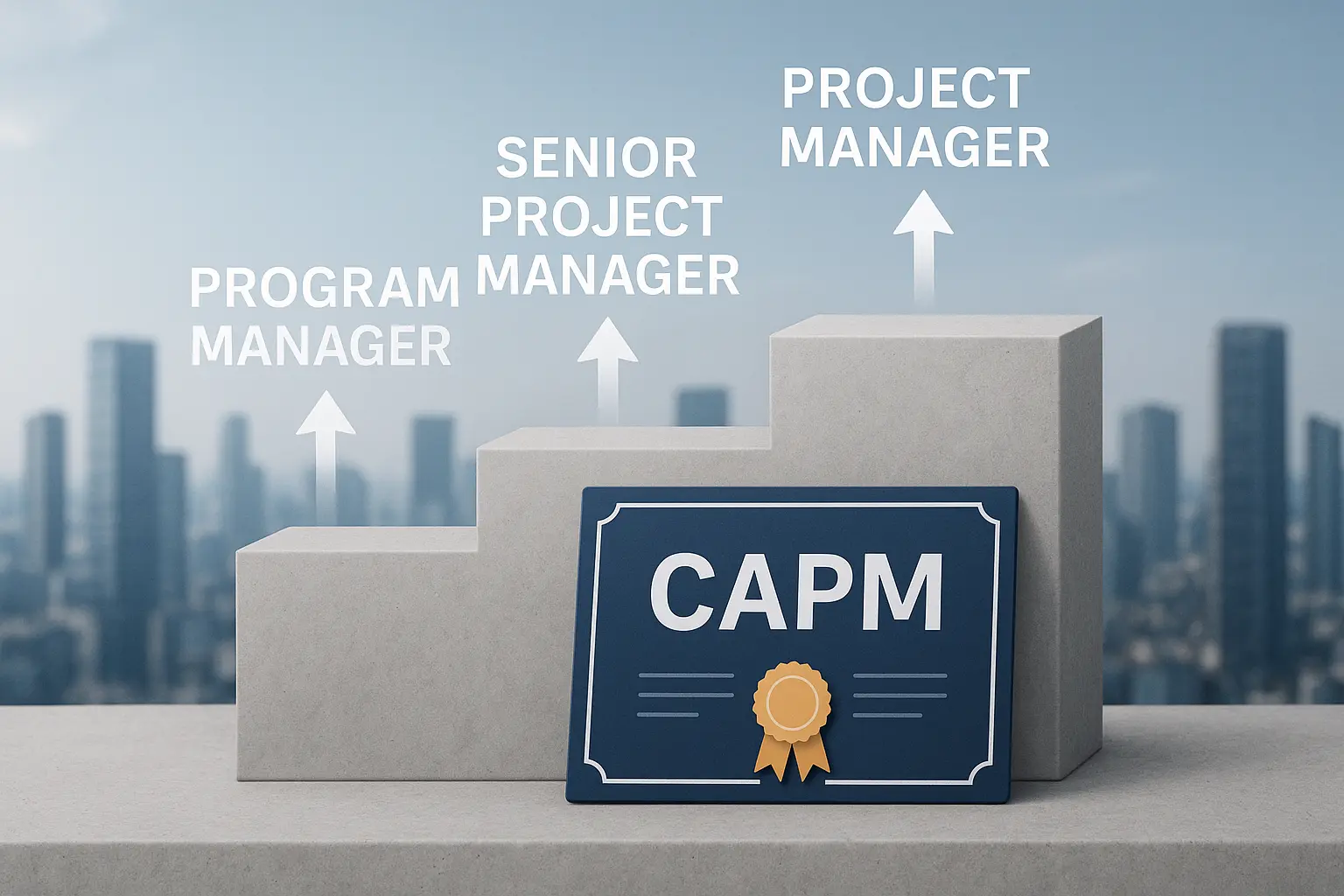 Three ascending blocks labeled "Program Manager," "Senior Project Manager," and "Project Manager" with arrows pointing upward; a CAPM certificate is displayed in front, with a cityscape background.