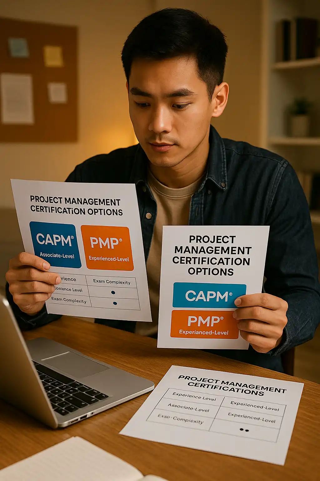 A man sits at a desk holding two project management certification info sheets comparing CAPM and PMP options, with similar sheets and a laptop in front of him.