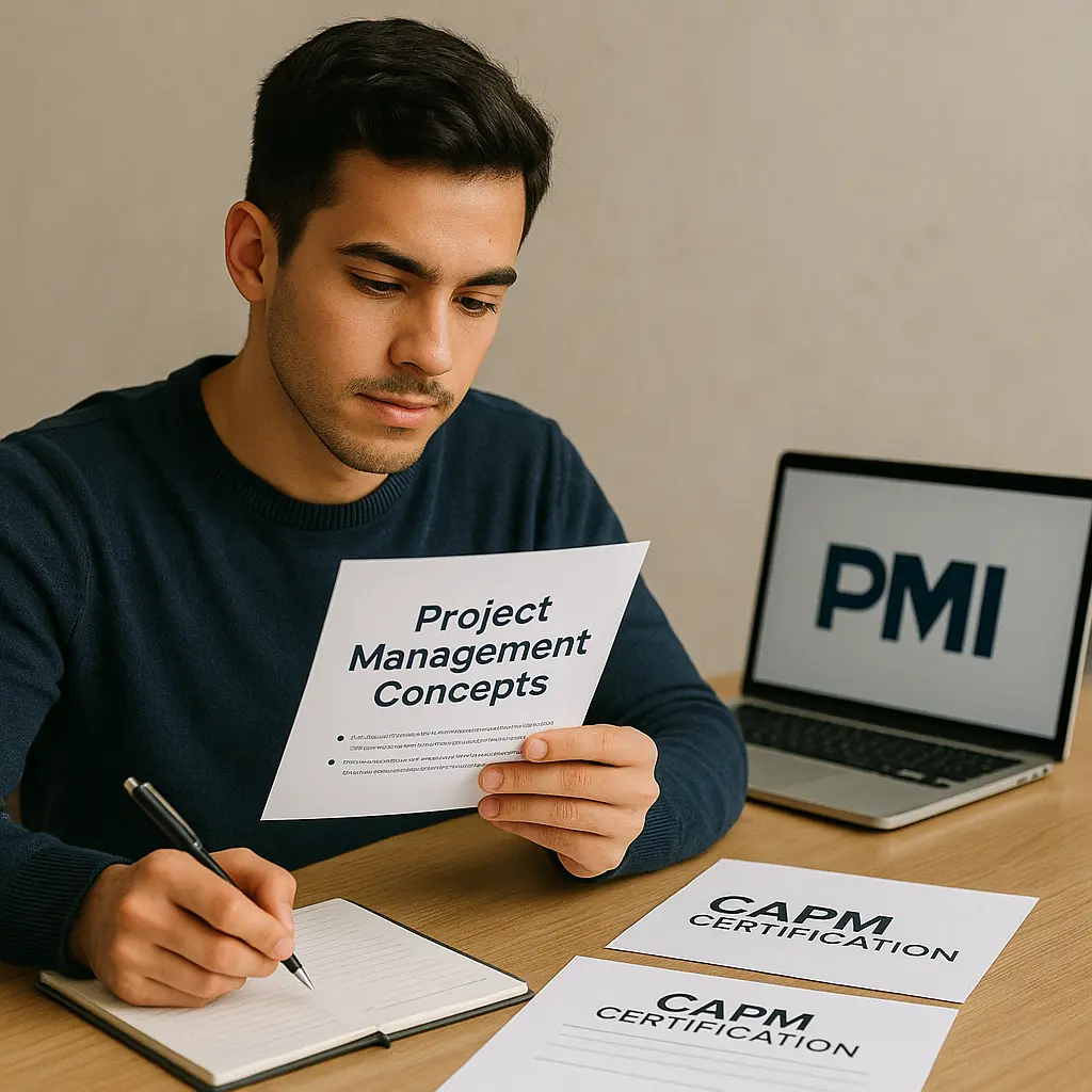 A man sits at a desk holding a paper titled "Project Management Concepts," taking notes, with CAPM certification documents and an open laptop displaying "PMI" in the background.