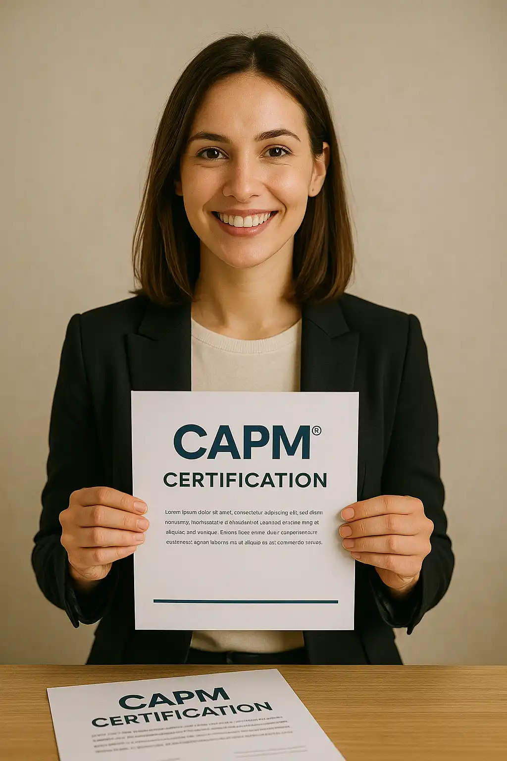 A smiling woman in a black blazer holds up a paper titled "PMI CAPM Certification" while sitting at a table with another similar paper in front of her.