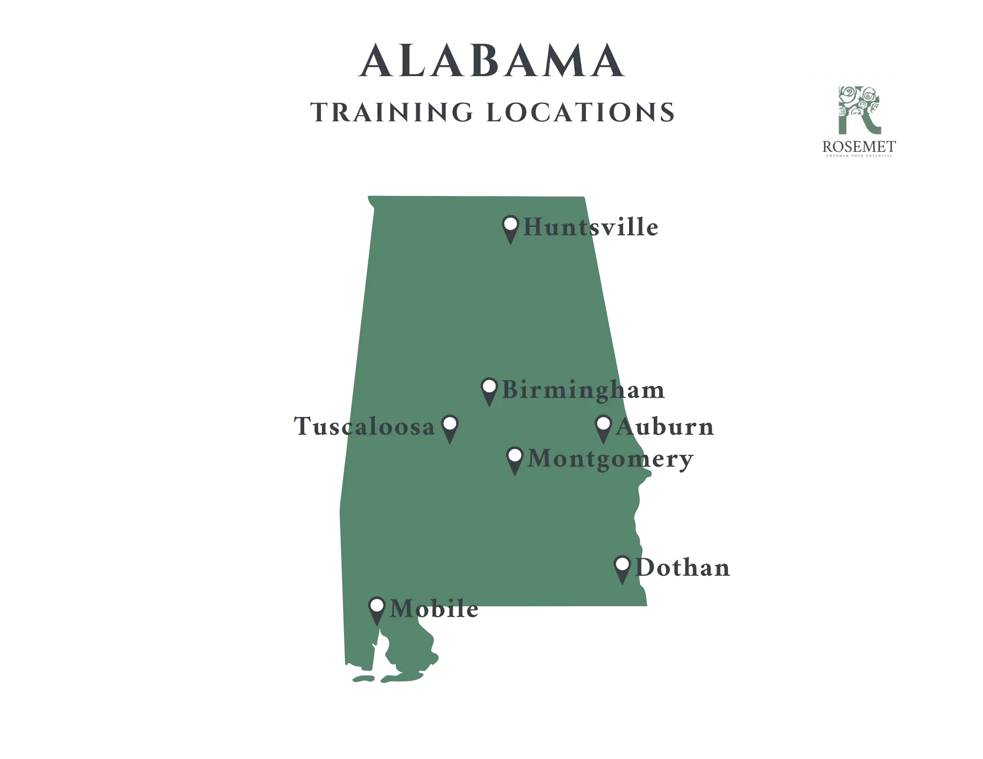 Map of Alabama showing training locations in Huntsville, Tuscaloosa, Birmingham, Montgomery, Dothan, and Mobile, with Rosemet logo in the top right corner.