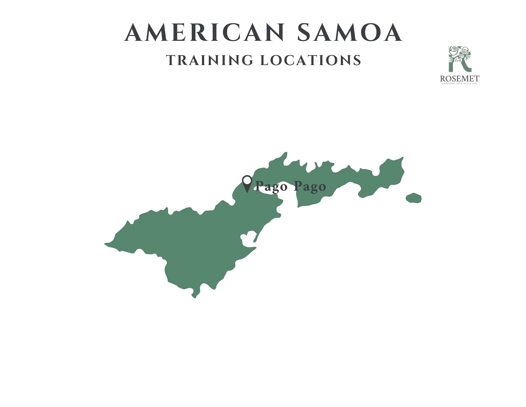 Map of American Samoa with a marker indicating the location of Pago Pago. Header reads "American Samoa Training Locations"; Rosemet logo is in the top right corner.