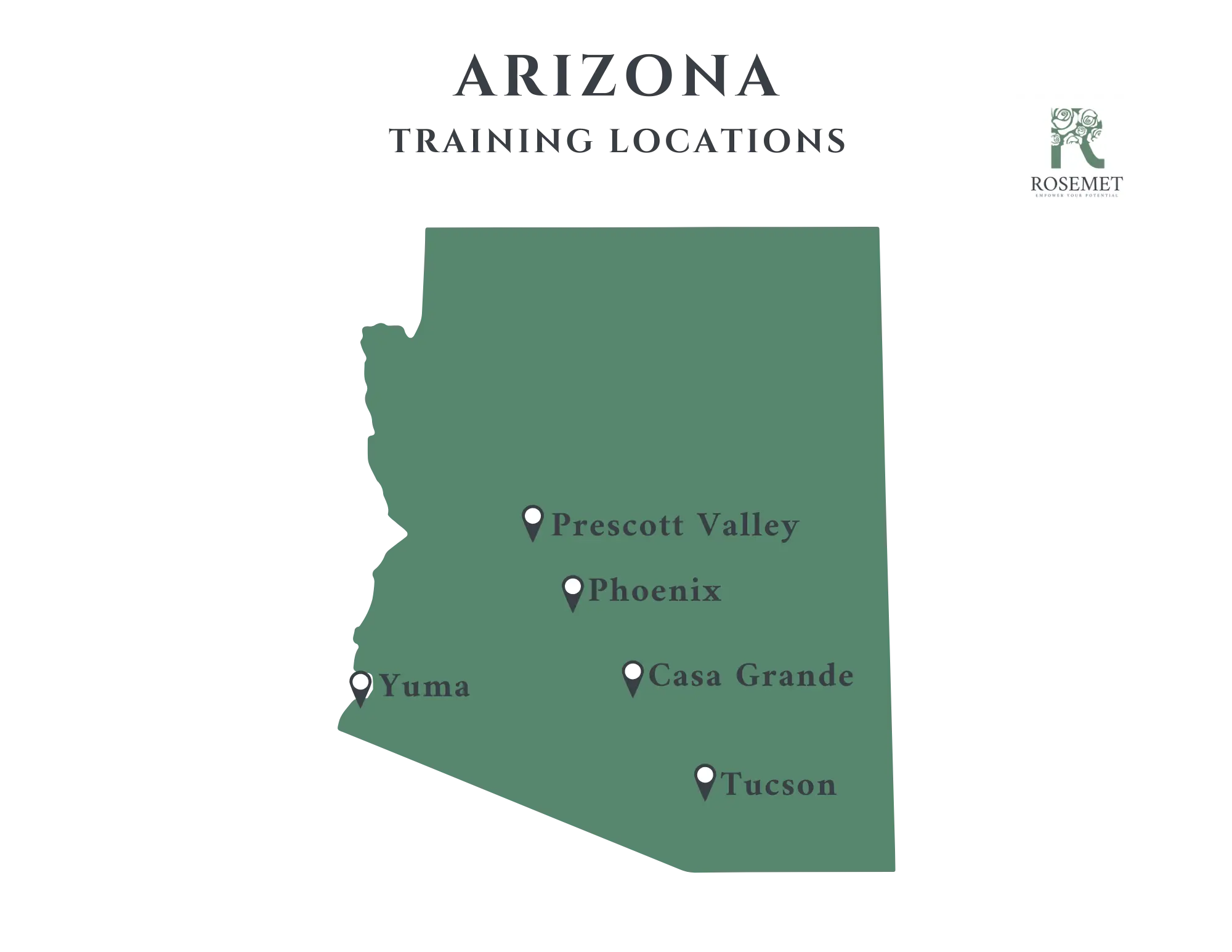 Map of Arizona showing training locations marked in Prescott Valley, Phoenix, Casa Grande, Tucson, and Yuma, with a Rosemet logo in the top right corner.