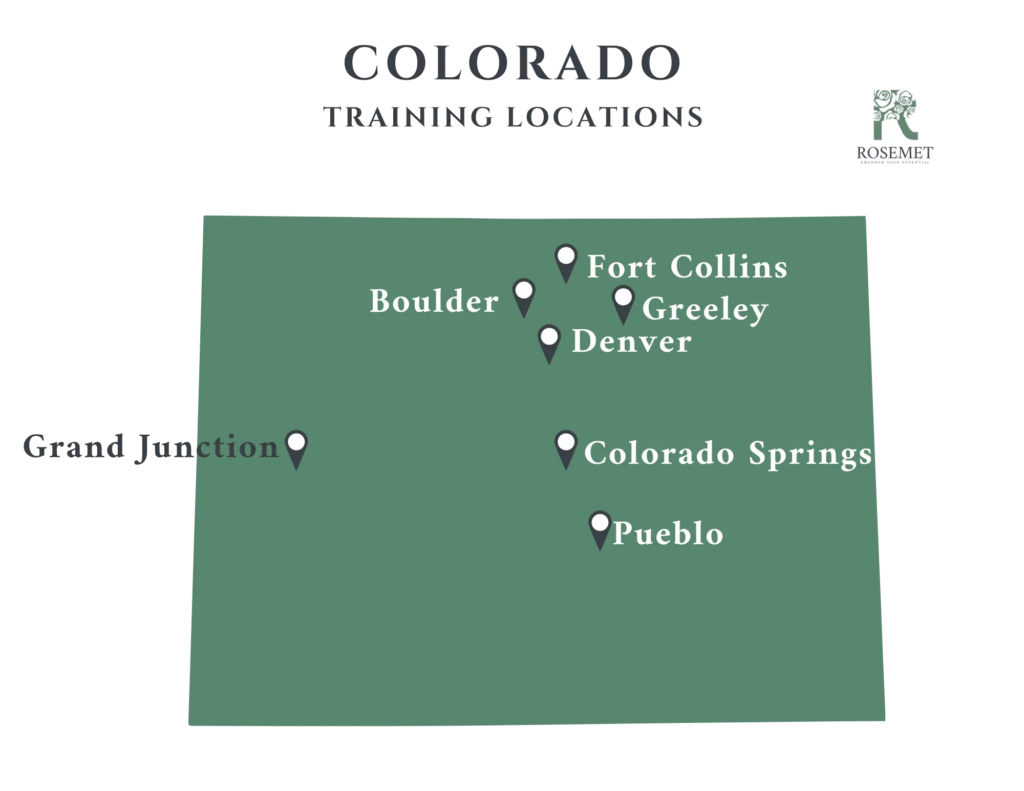 A map of Colorado shows training locations marked in Boulder, Fort Collins, Greeley, Denver, Colorado Springs, Pueblo, and Grand Junction. The Rosemet logo appears in the top right corner.