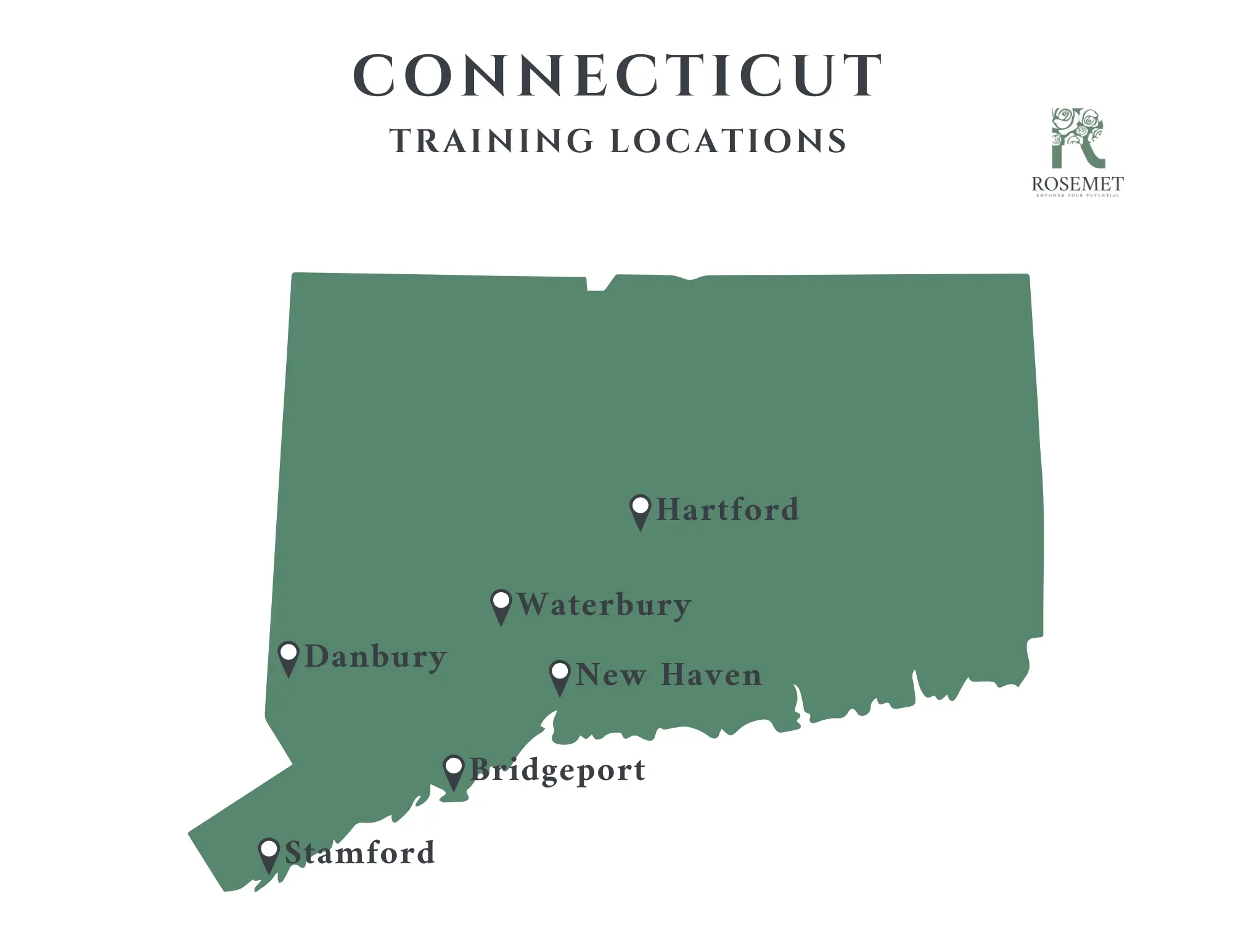 A green map of Connecticut shows locations for Rosemet training in Hartford, Danbury, Stamford, Bridgeport, Waterbury, and New Haven, marked with labeled pins. The Rosemet logo is in the top right corner.