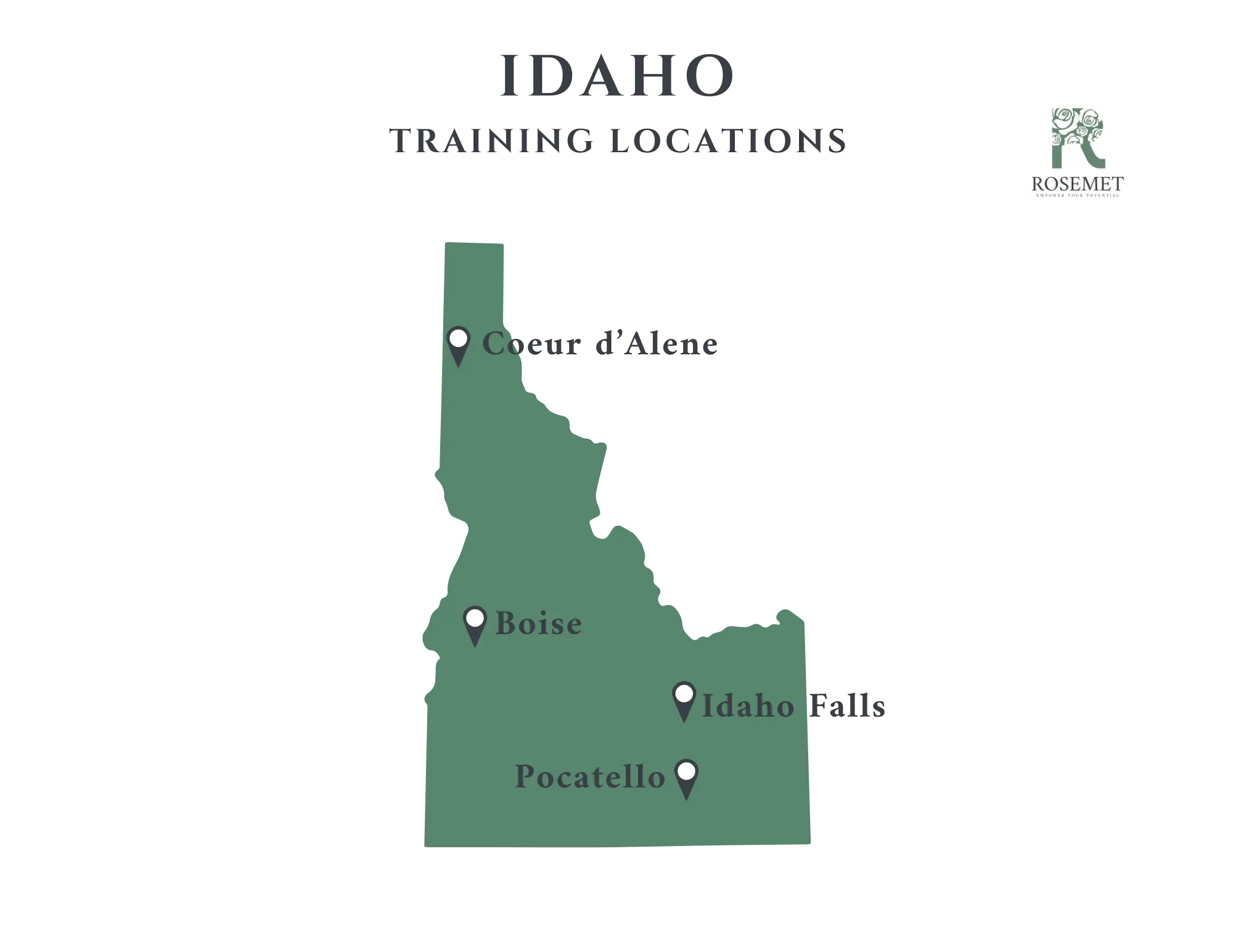 Map of Idaho highlighting four training locations: Coeur d’Alene (north), Boise (west), Idaho Falls (east), and Pocatello (southeast). The Rosemet logo appears in the top right corner.