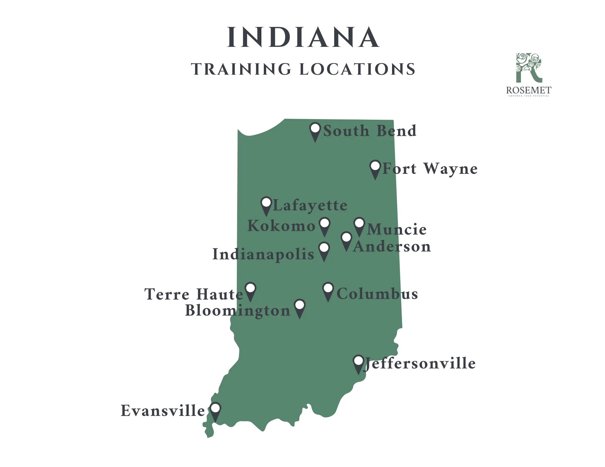 Map of Indiana showing training locations marked with pins in cities including South Bend, Fort Wayne, Muncie, Anderson, Lafayette, Kokomo, Indianapolis, Terre Haute, Bloomington, and Columbus. Rosemet logo in the top right corner.