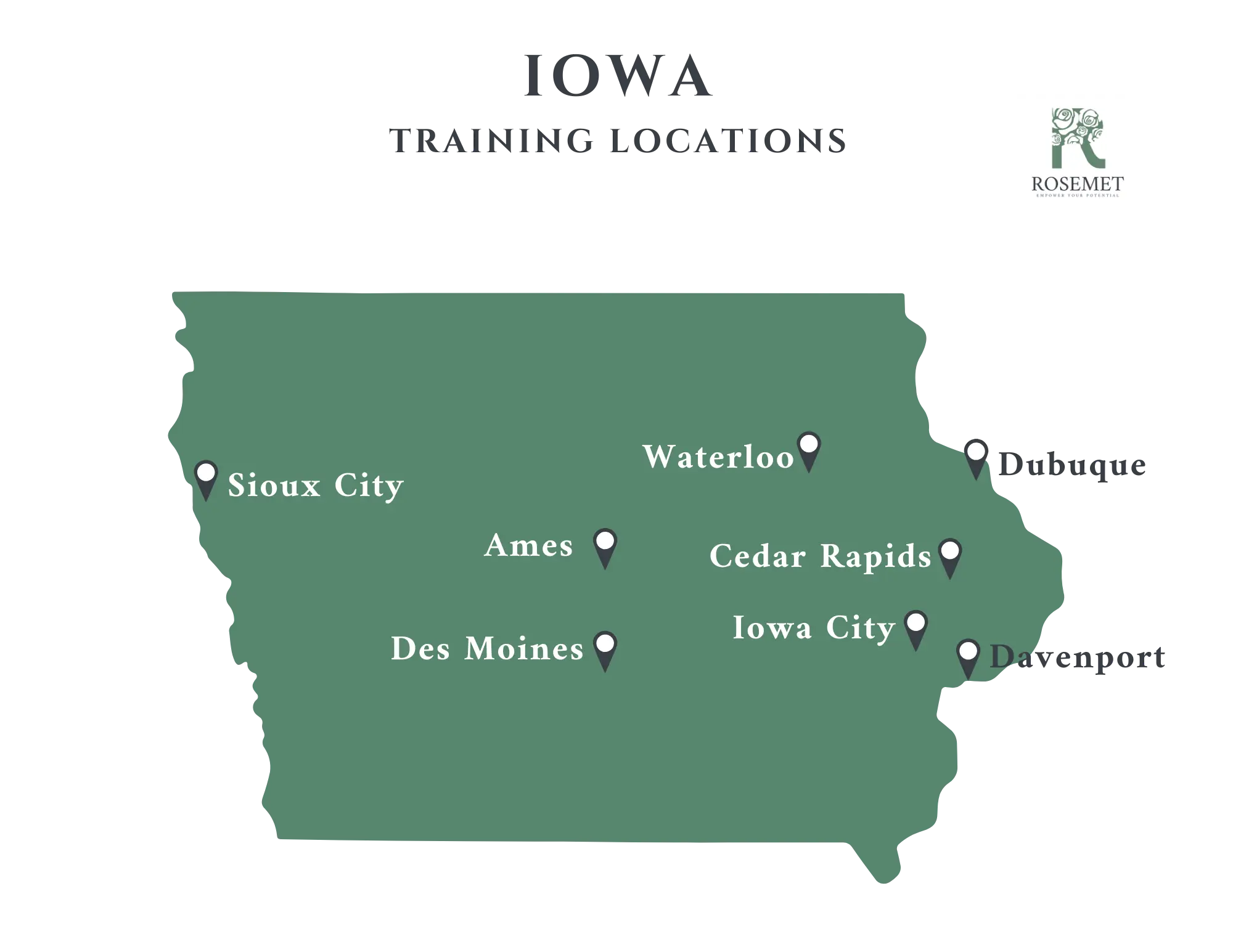 Map of Iowa labeled "Training Locations" with markers for Sioux City, Waterloo, Ames, Cedar Rapids, Iowa City, Des Moines, Dubuque, and Davenport. Rosemet logo appears in the upper right corner.