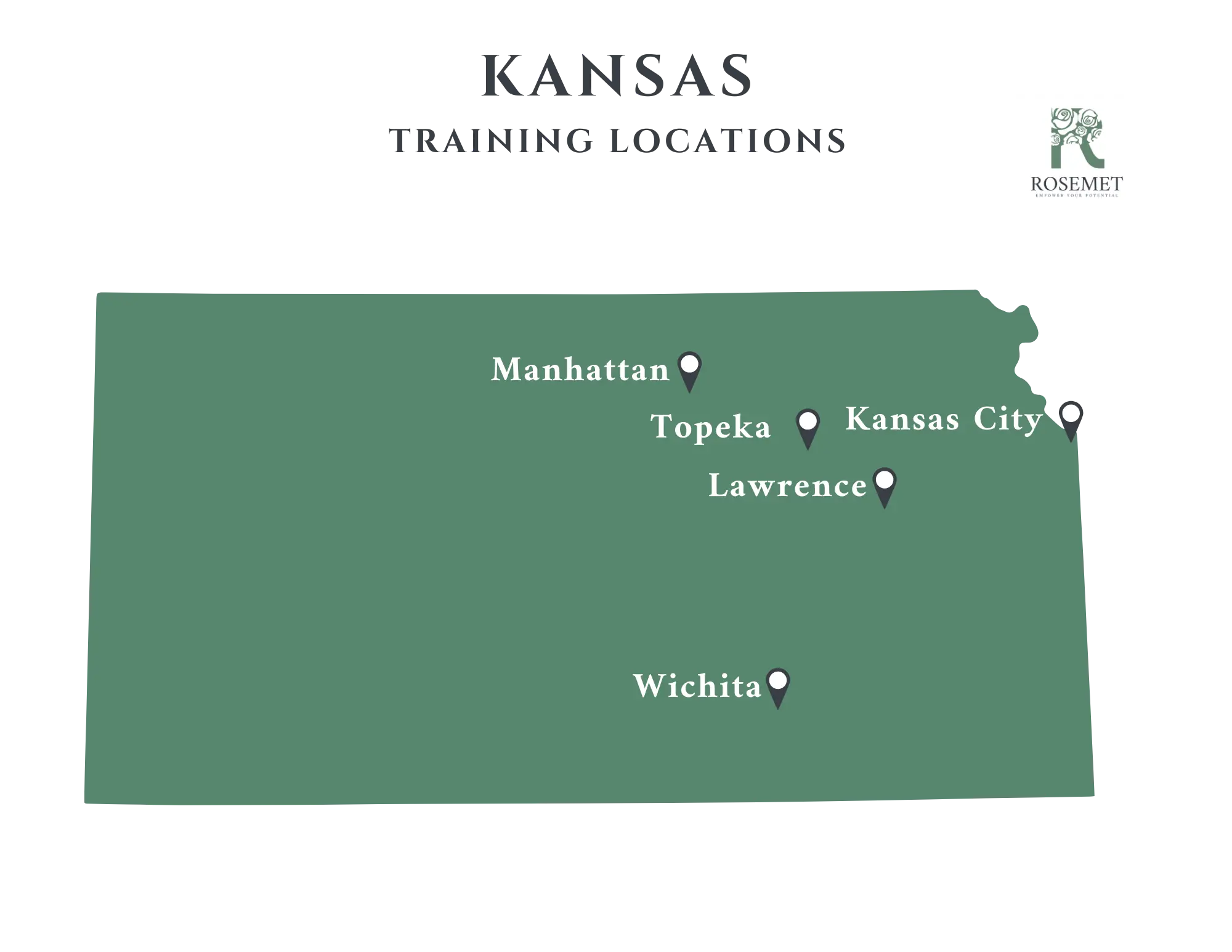 A map of Kansas shows training locations marked in Manhattan, Topeka, Kansas City, Lawrence, and Wichita. The Rosemet logo appears in the top right corner.