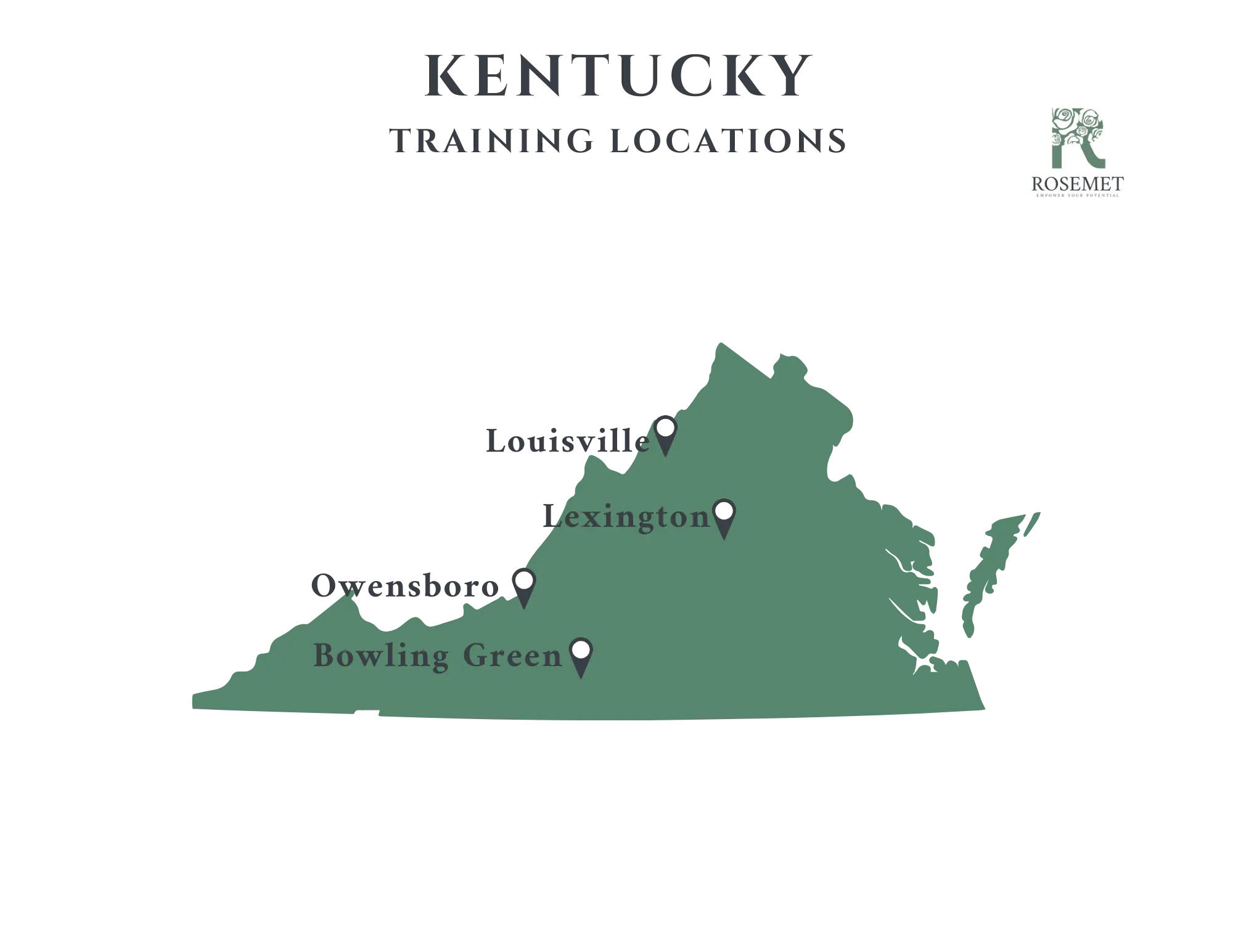 Map of Kentucky with four labeled training locations: Louisville, Lexington, Owensboro, and Bowling Green. The Rosemet logo is in the top right corner.