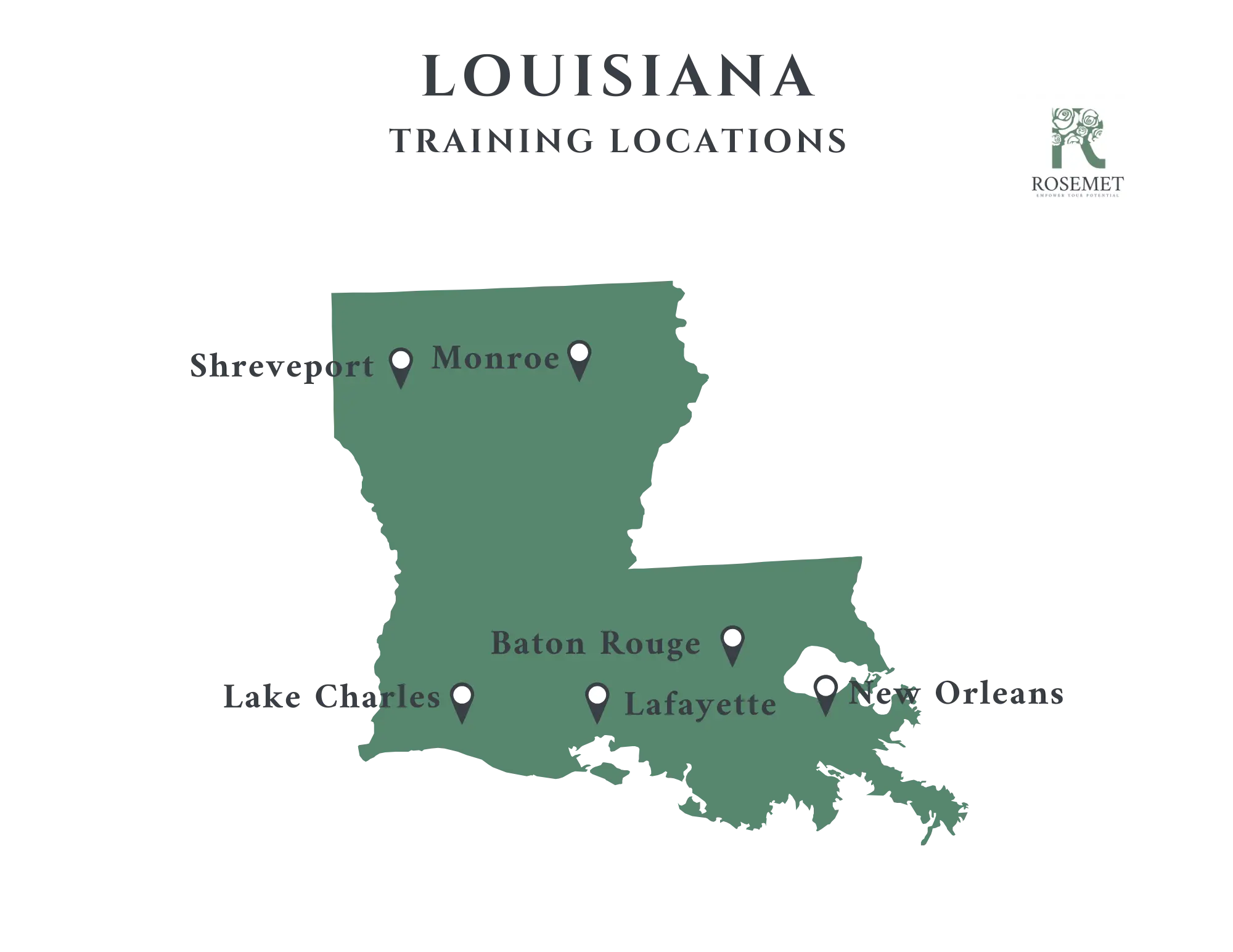 Map of Louisiana with labeled training locations: Shreveport, Monroe, Lake Charles, Baton Rouge, Lafayette, and New Orleans. Rosemet logo appears in the top right corner.