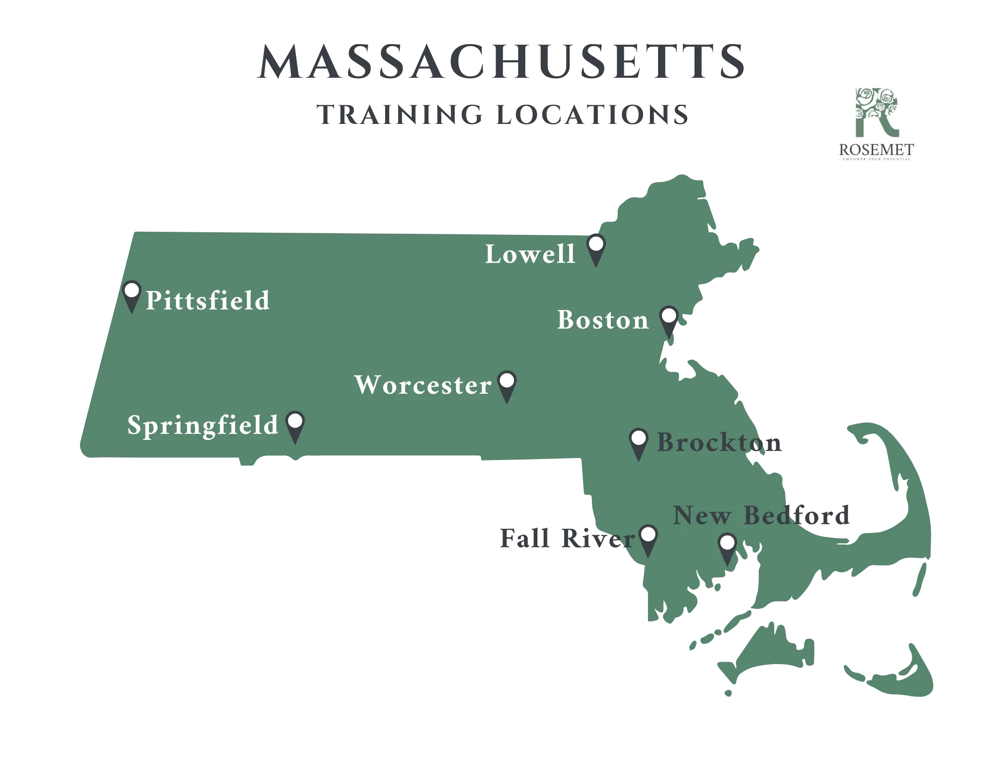 Map of Massachusetts highlighting training locations in Pittsfield, Springfield, Worcester, Lowell, Boston, Brockton, Fall River, and New Bedford, with the Rosemet logo in the upper right corner.