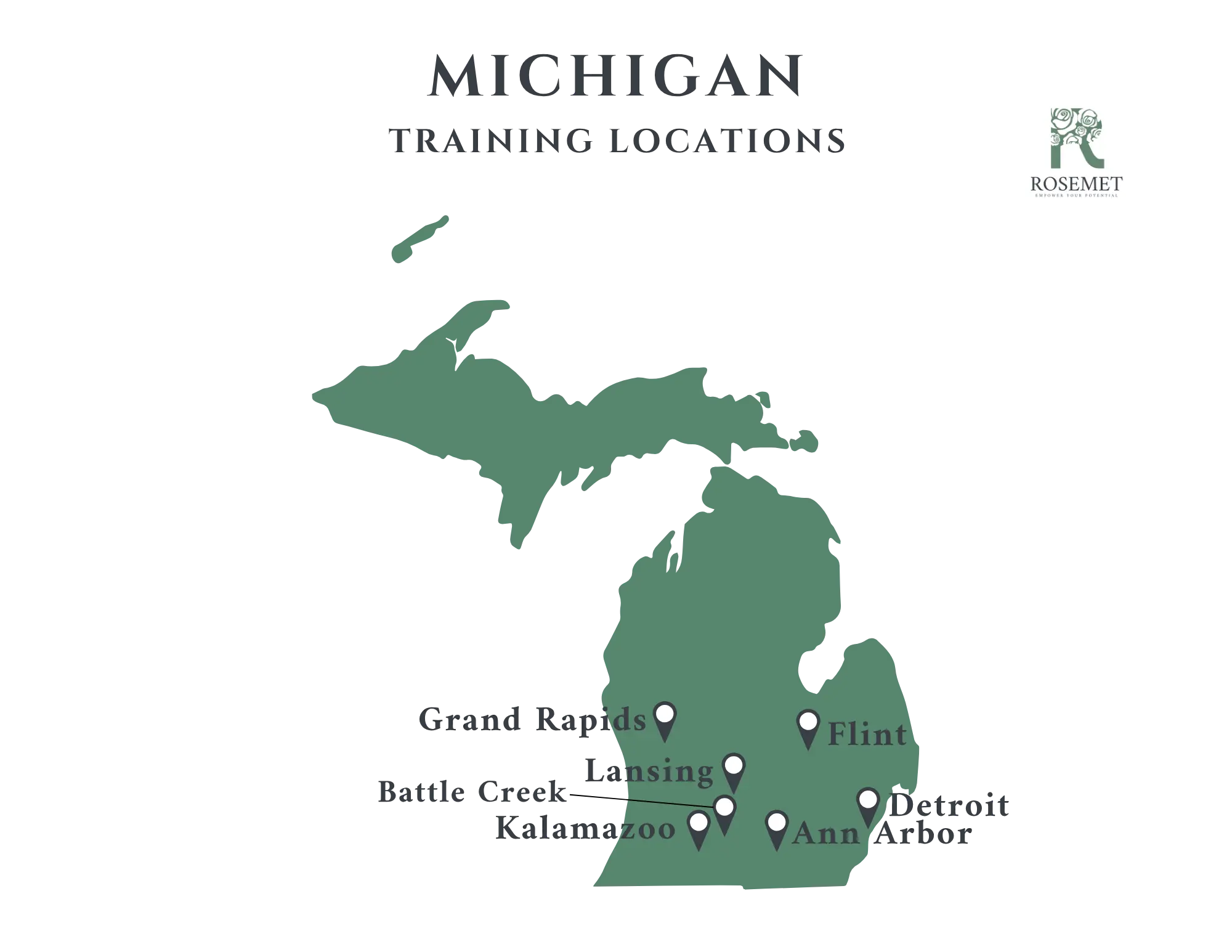 A map of Michigan shows training locations marked in Grand Rapids, Battle Creek, Kalamazoo, Lansing, Flint, Ann Arbor, and Detroit. The Rosemet logo is in the upper right corner.