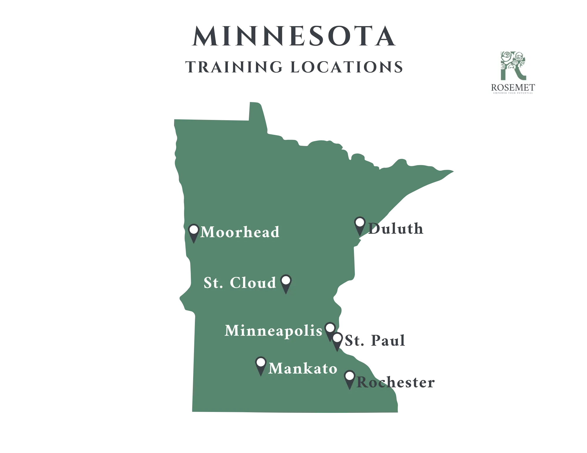 Map of Minnesota highlighting five training locations: Moorhead, St. Cloud, Minneapolis, Mankato, and Rochester, with the ROSEMET logo in the upper right corner.