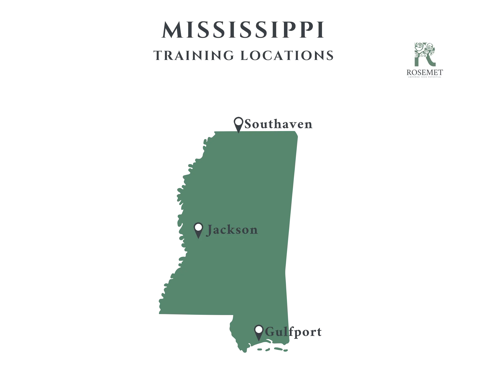 Map of Mississippi with three marked training locations: Southaven (north), Jackson (center), and Gulfport (south). "MISSISSIPPI TRAINING LOCATIONS" is written above, and the Rosemet logo appears in the top right corner.
