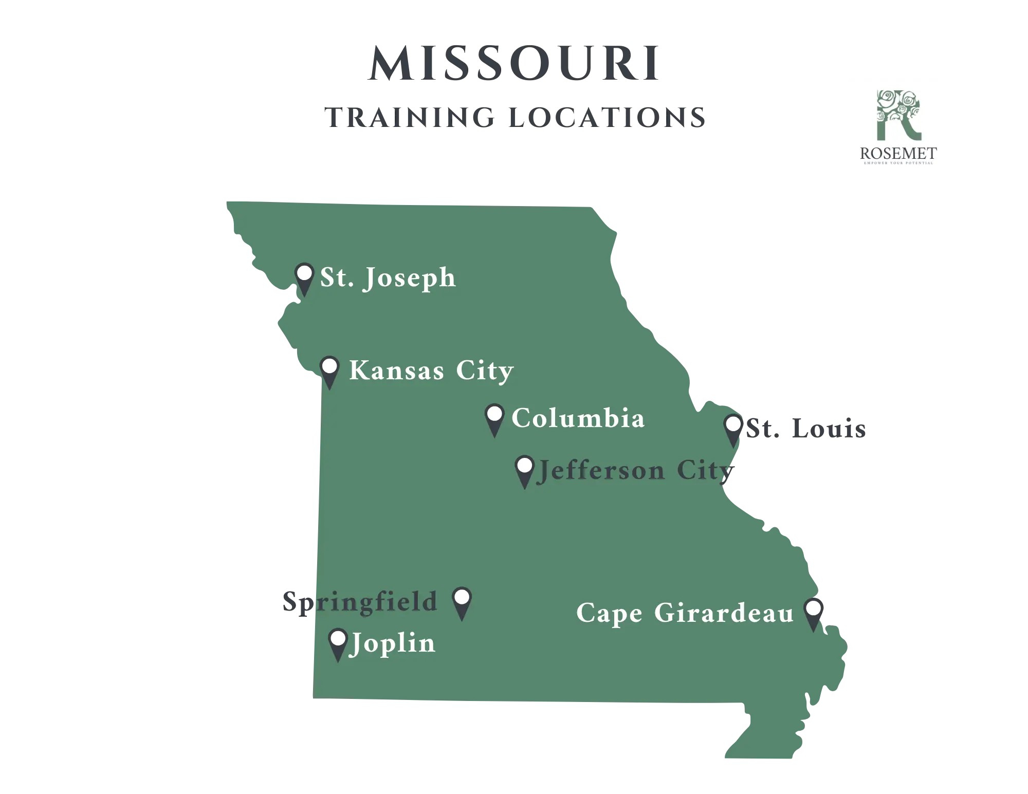 Map of Missouri showing training locations marked in St. Joseph, Kansas City, Columbia, Jefferson City, St. Louis, Springfield, Joplin, and Cape Girardeau. Rosemet logo appears in the top right corner.