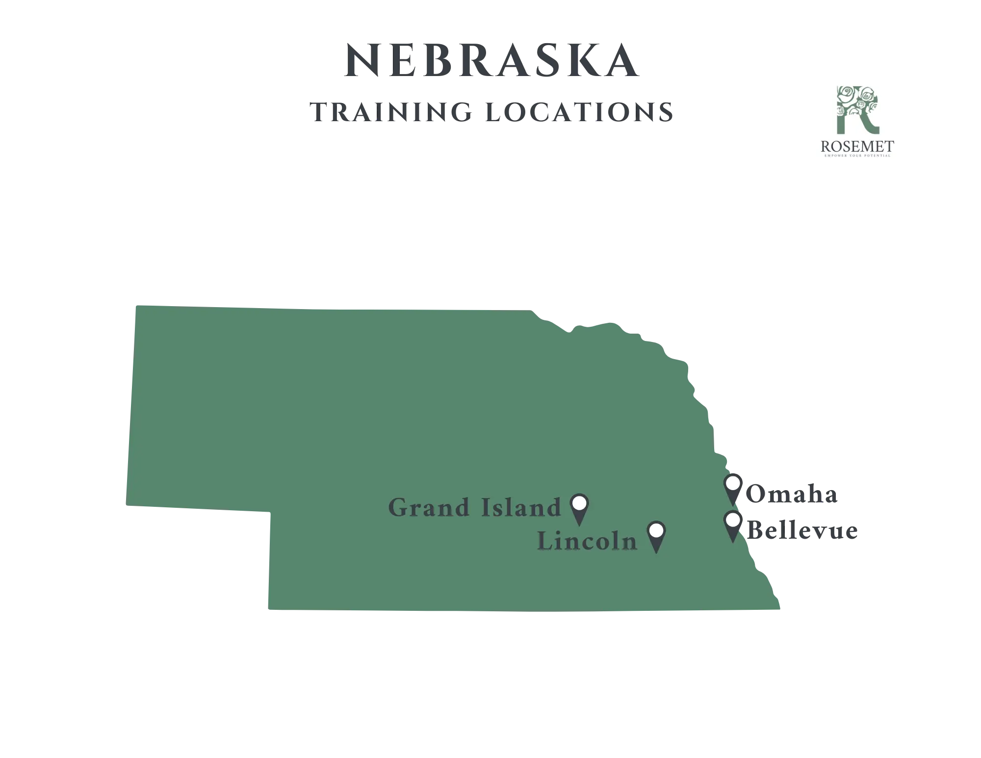 Map of Nebraska showing four marked training locations: Grand Island, Lincoln, Omaha, and Papillion. The map includes the Rosemet logo in the top right corner.