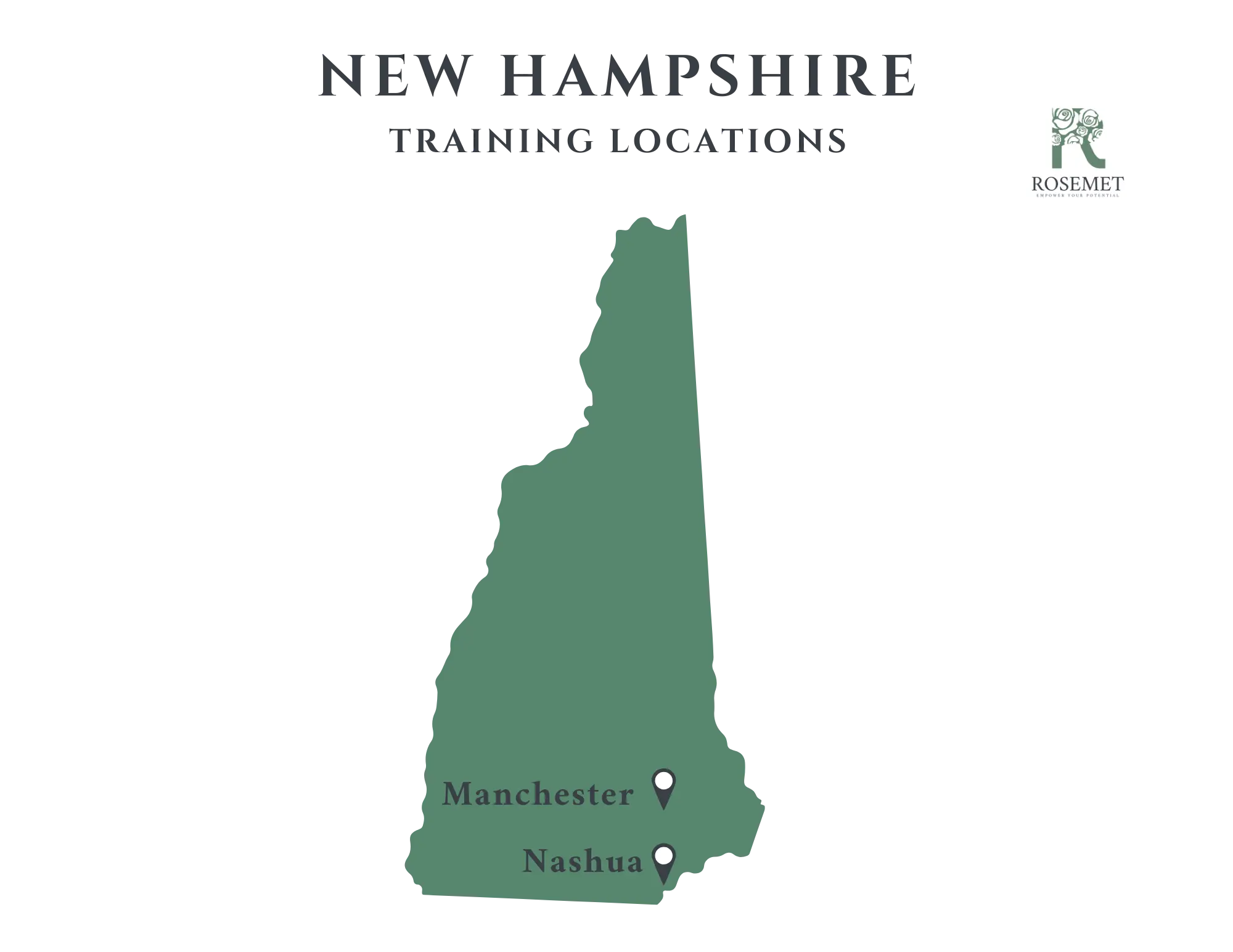 Map of New Hampshire showing two marked training locations: Manchester and Nashua. The text above reads “New Hampshire Training Locations” and a Rosemet logo appears in the top right corner.