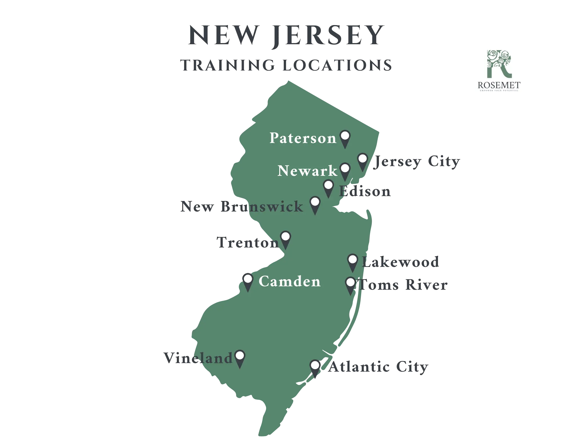 A map of New Jersey highlights training locations in Paterson, Newark, Camden, Vineland, Jersey City, Atlantic City, Toms River, New Brunswick, and Bloomfield. Rosemet logo appears in the top right corner.