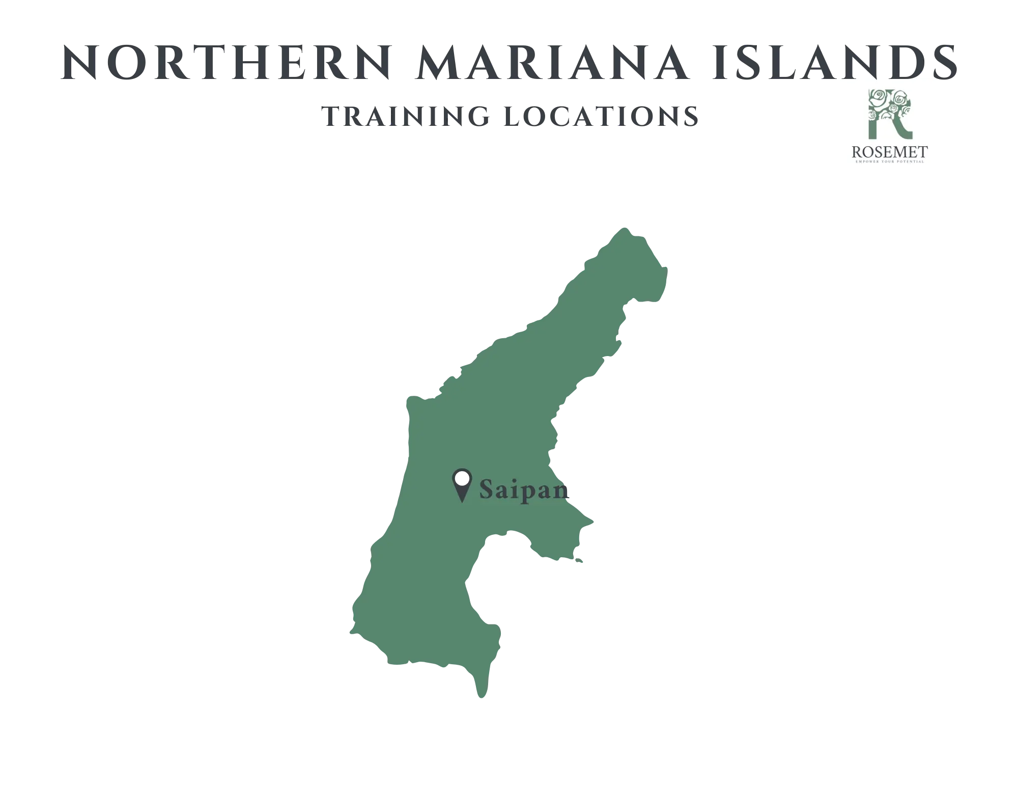Map of Saipan in the Northern Mariana Islands with a pin marking Saipan as a training location. The Rosemet logo appears in the top right corner. Text above reads "Northern Mariana Islands Training Locations.