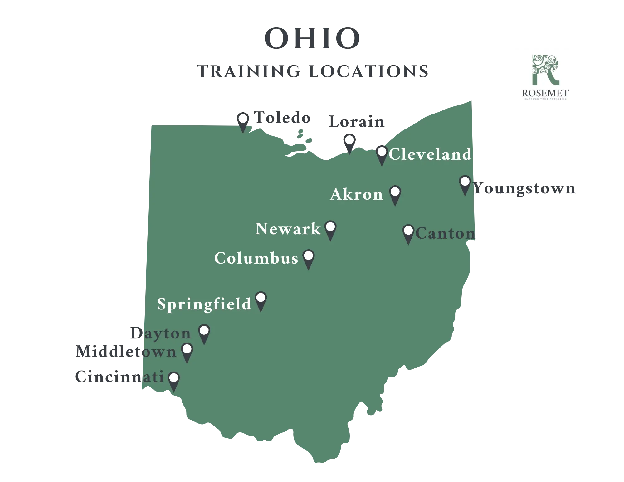 Map of Ohio labeled "TRAINING LOCATIONS" with pins marking cities: Toledo, Lorain, Cleveland, Akron, Canton, Newark, Columbus, Springfield, Dayton, and Cincinnati. Rosemet logo appears in the top right corner.