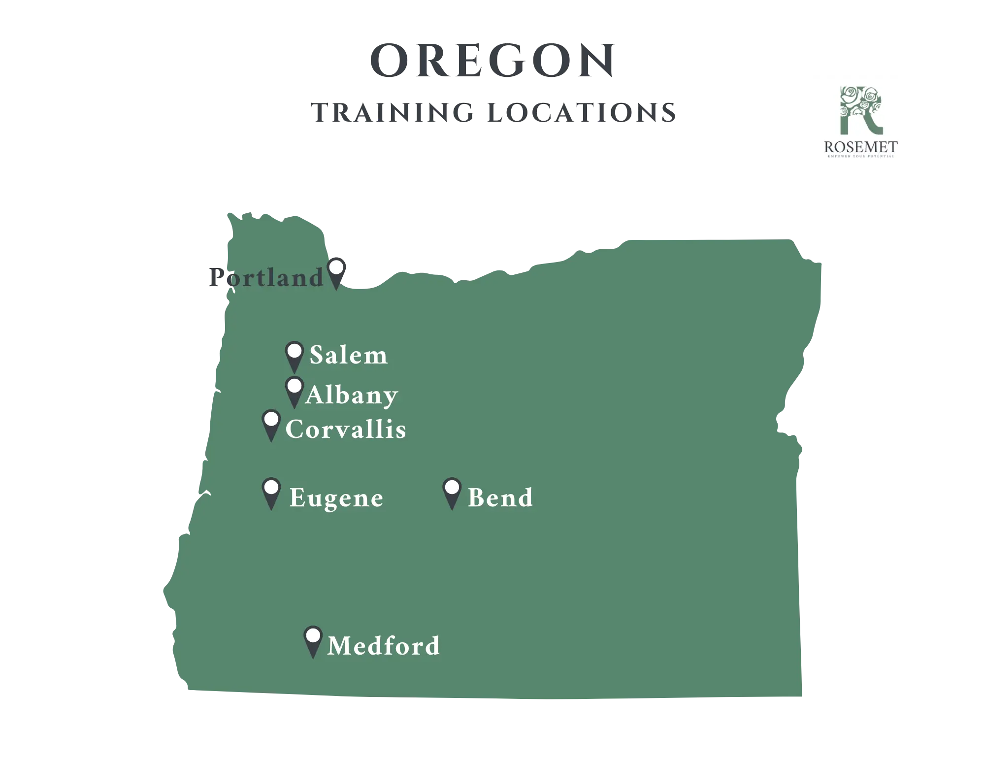 Map of Oregon showing training locations in Portland, Salem, Albany, Corvallis, Eugene, Bend, and Medford. The Rosemet logo is in the top right corner.