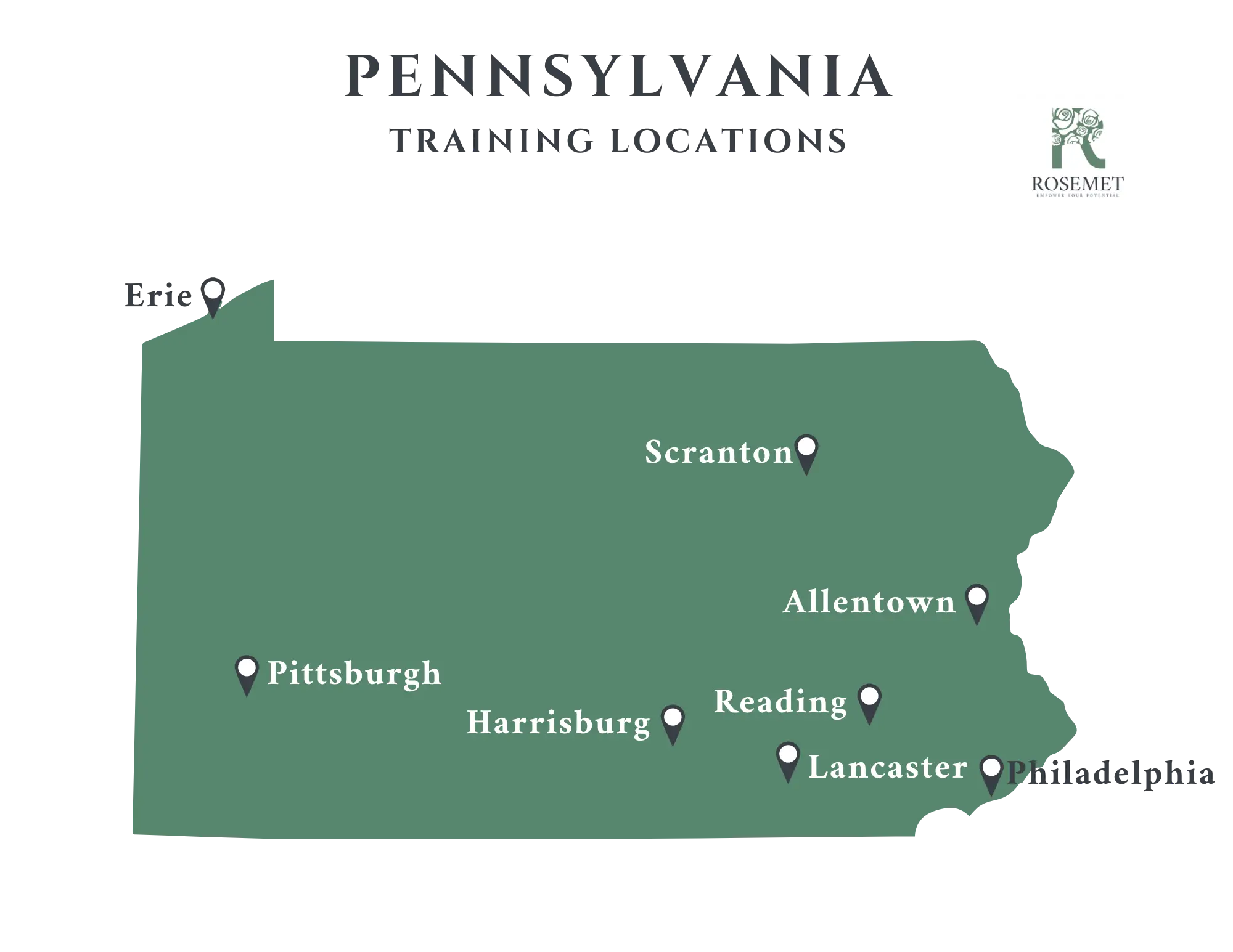 Map of Pennsylvania showing training locations in Erie, Pittsburgh, Harrisburg, Scranton, Allentown, Reading, Lancaster, and Philadelphia, with the Rosemet logo in the top right corner.