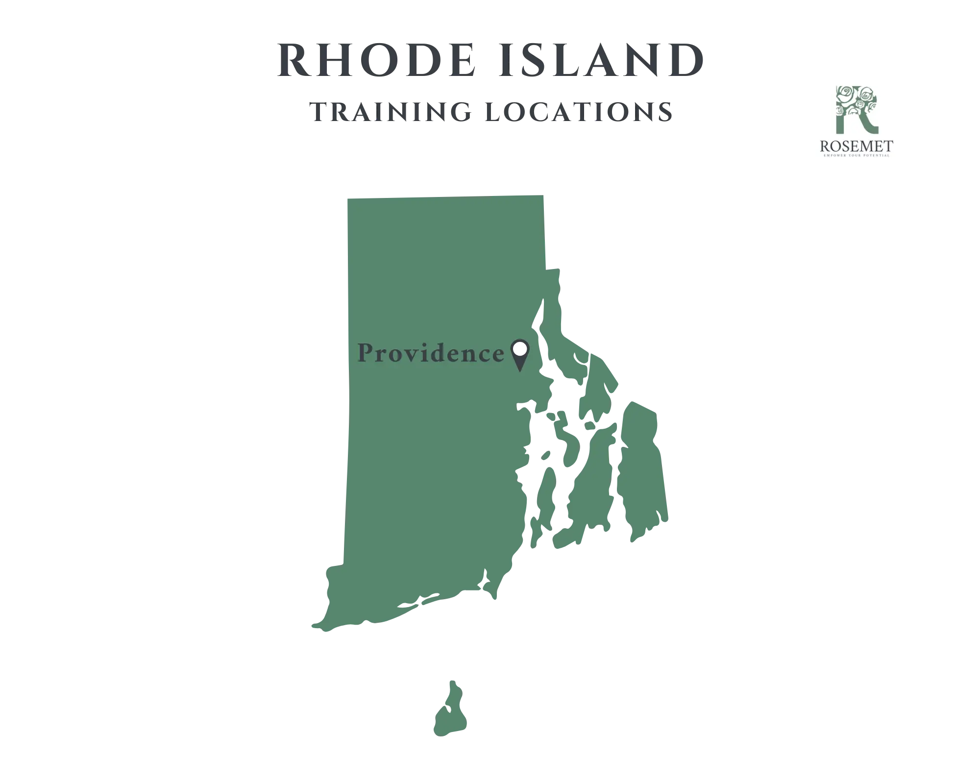 Map of Rhode Island showing a marked training location in Providence. The top reads "Rhode Island Training Locations." In the upper right corner, there is a Rosemet logo featuring a green rose.