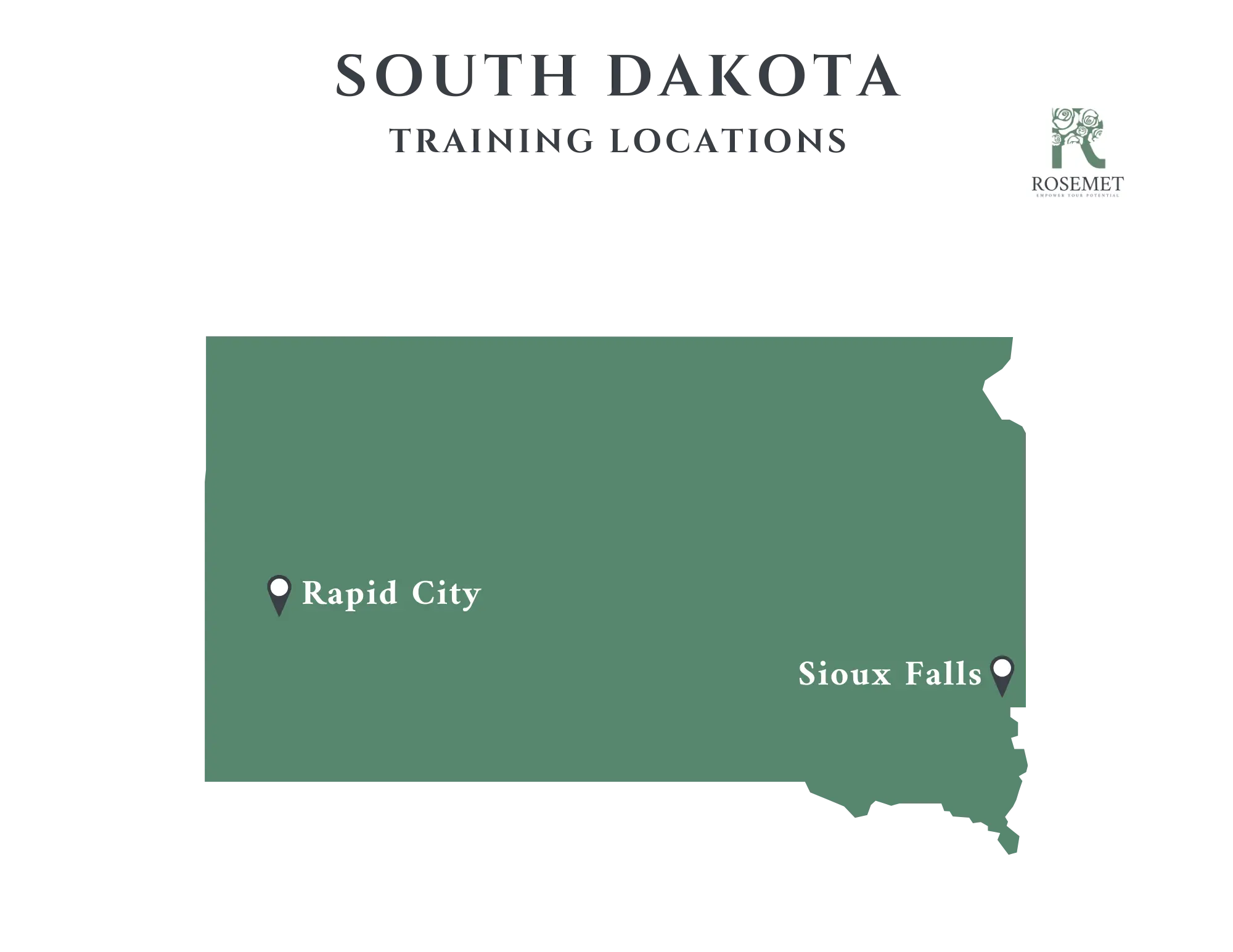 A map of South Dakota showing training locations in Rapid City and Sioux Falls, marked with location pins. The Rosemet logo is in the top right corner.