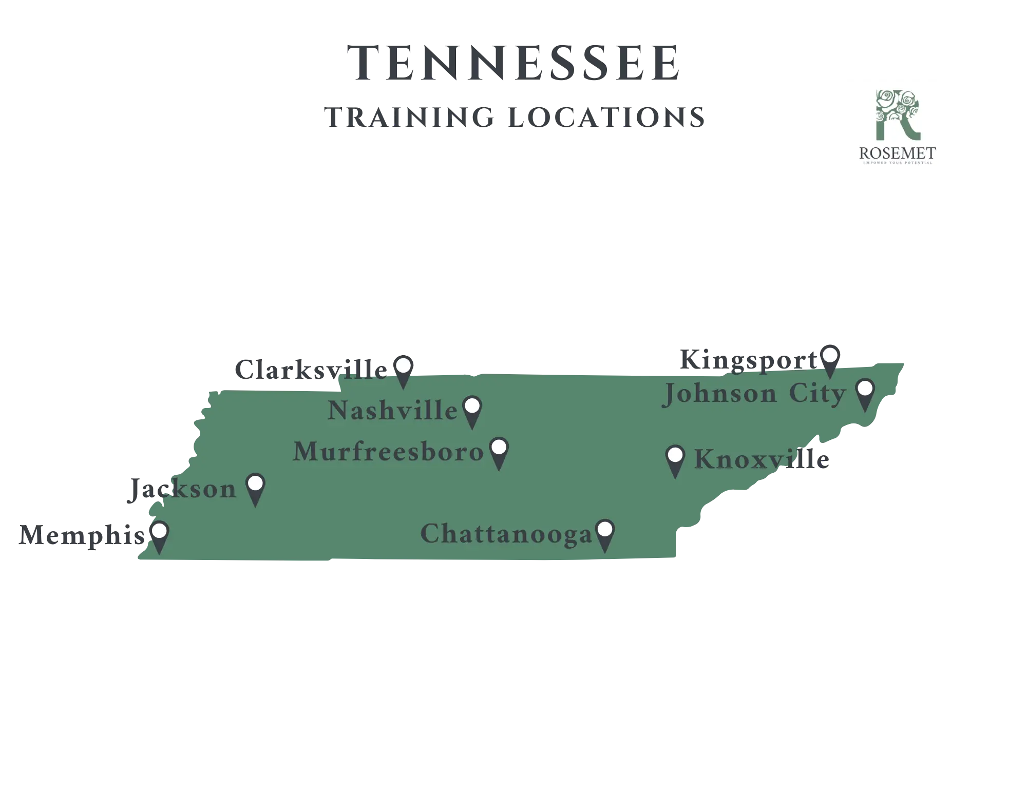 Map of Tennessee labeled "Training Locations" with marked cities: Memphis, Jackson, Clarksville, Murfreesboro, Nashville, Chattanooga, Knoxville, and Johnson City. Rosemet logo is in the top right corner.