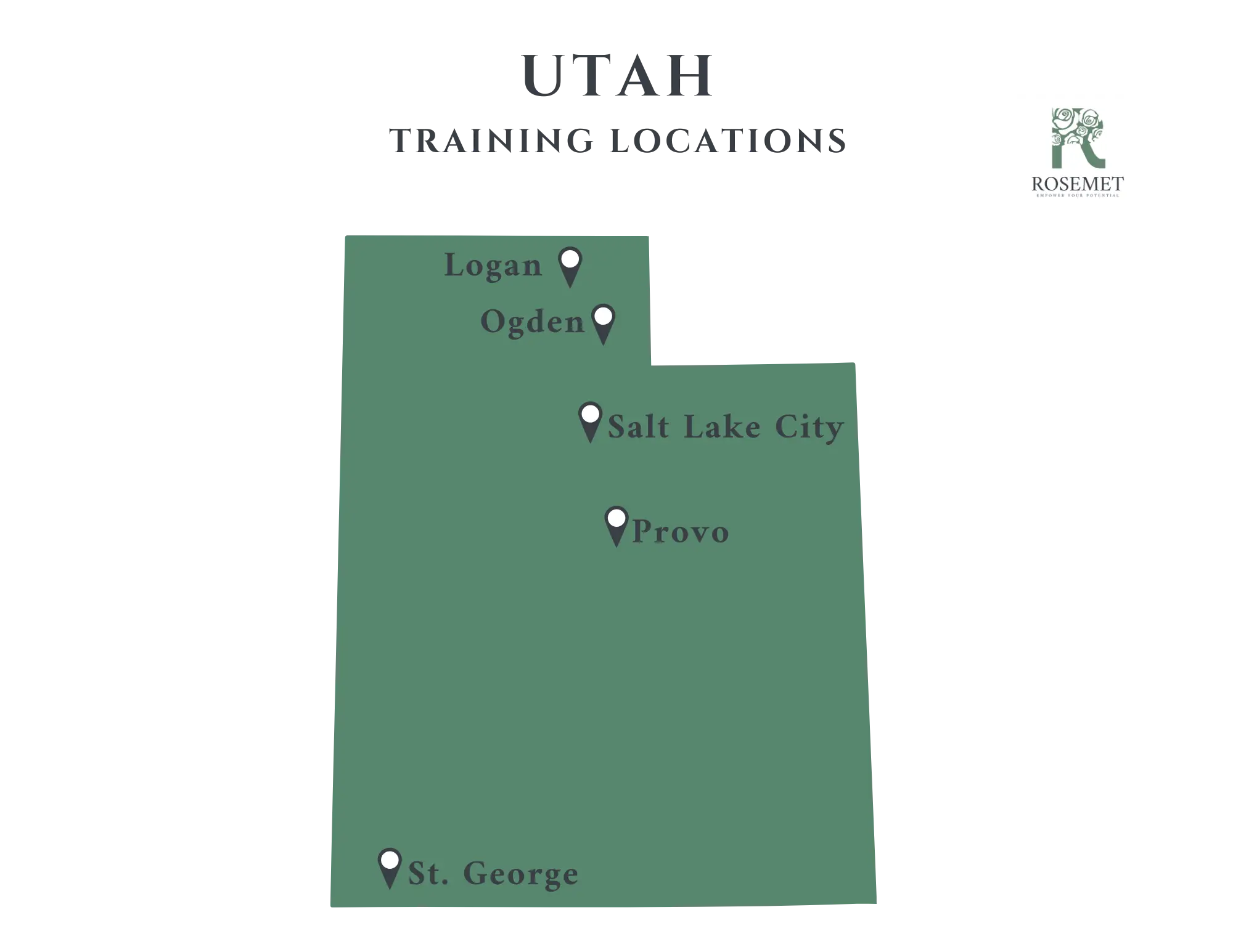 A green map of Utah marks five training locations: Logan, Ogden, Salt Lake City, Provo, and St. George. The Rosemet logo is in the top right corner.