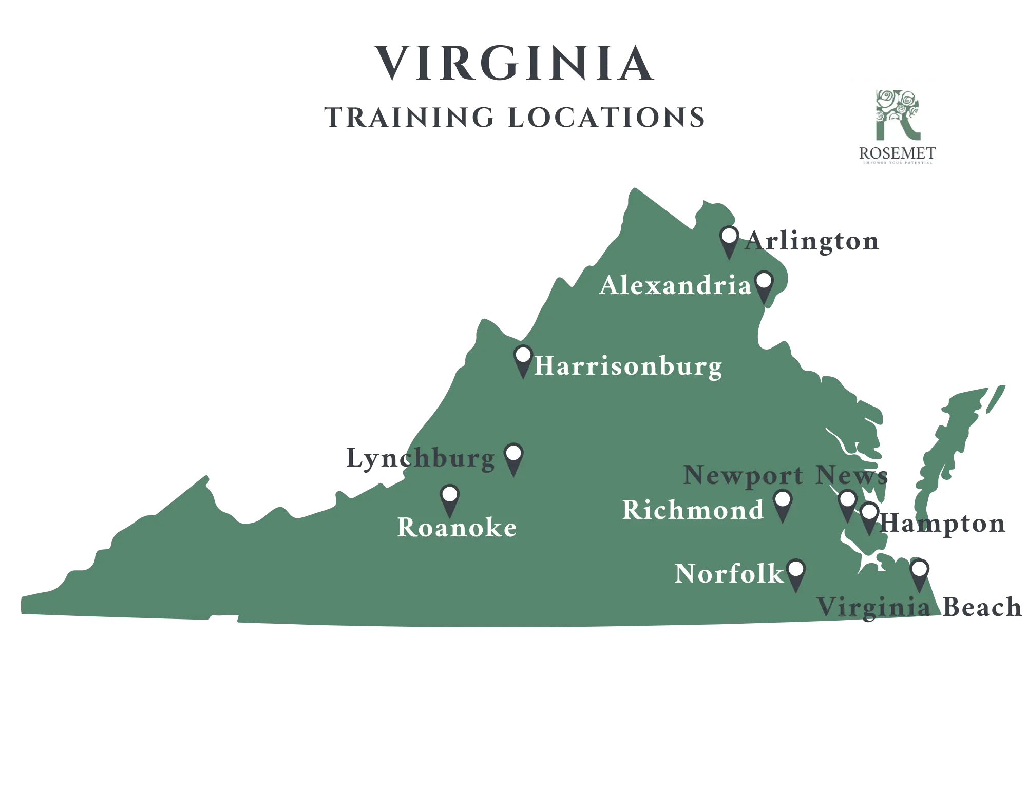 A map of Virginia showing Rosemet training locations in Alexandria, Harrisonburg, Lynchburg, Roanoke, Richmond, Newport News, Norfolk, and Virginia Beach, with labeled pins marking each city.