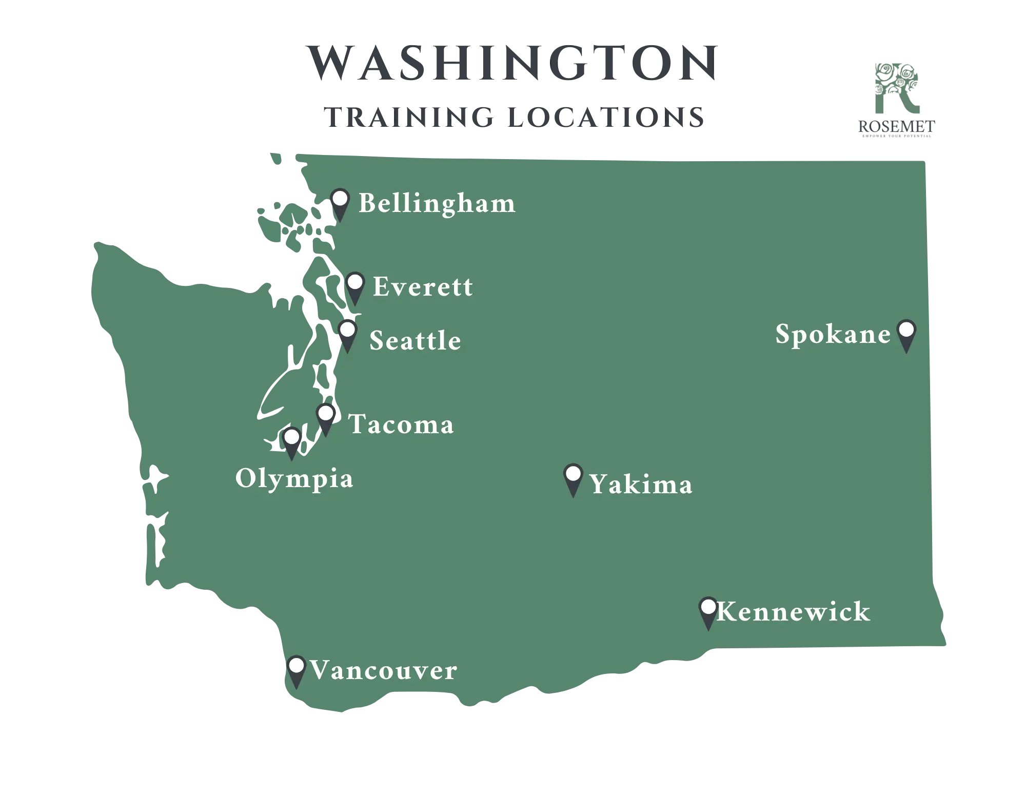 Map of Washington state showing training locations marked in Bellingham, Everett, Seattle, Tacoma, Olympia, Vancouver, Spokane, Yakima, and Kennewick, with a dark green background and white location labels.