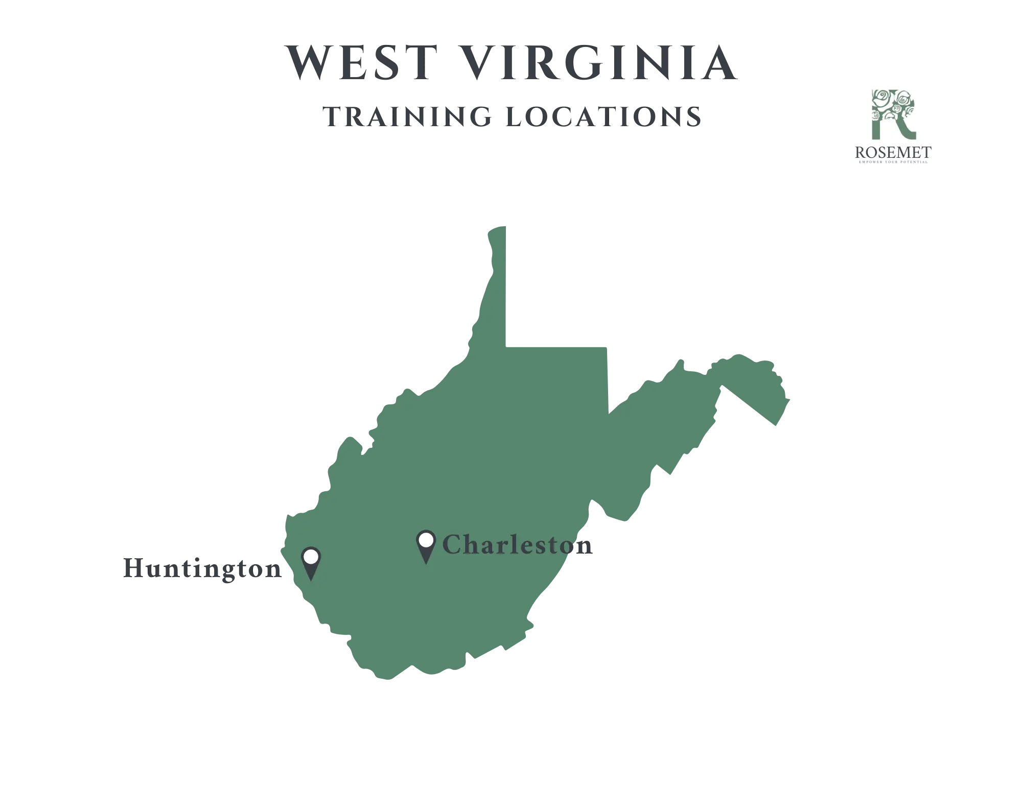 Map of West Virginia showing two marked training locations: one in Charleston and another in Huntington. The Rosemet logo appears in the upper right corner.