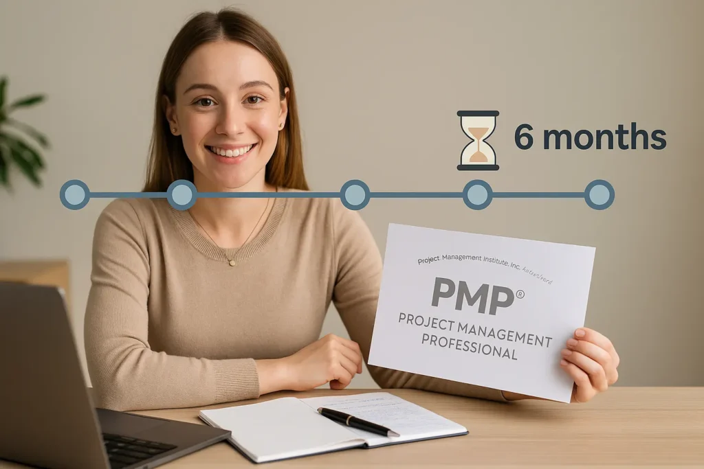 A woman smiles at a desk holding a "PMP Project Management Professional" certificate. Above her is a timeline with an hourglass icon and the text "6 months.