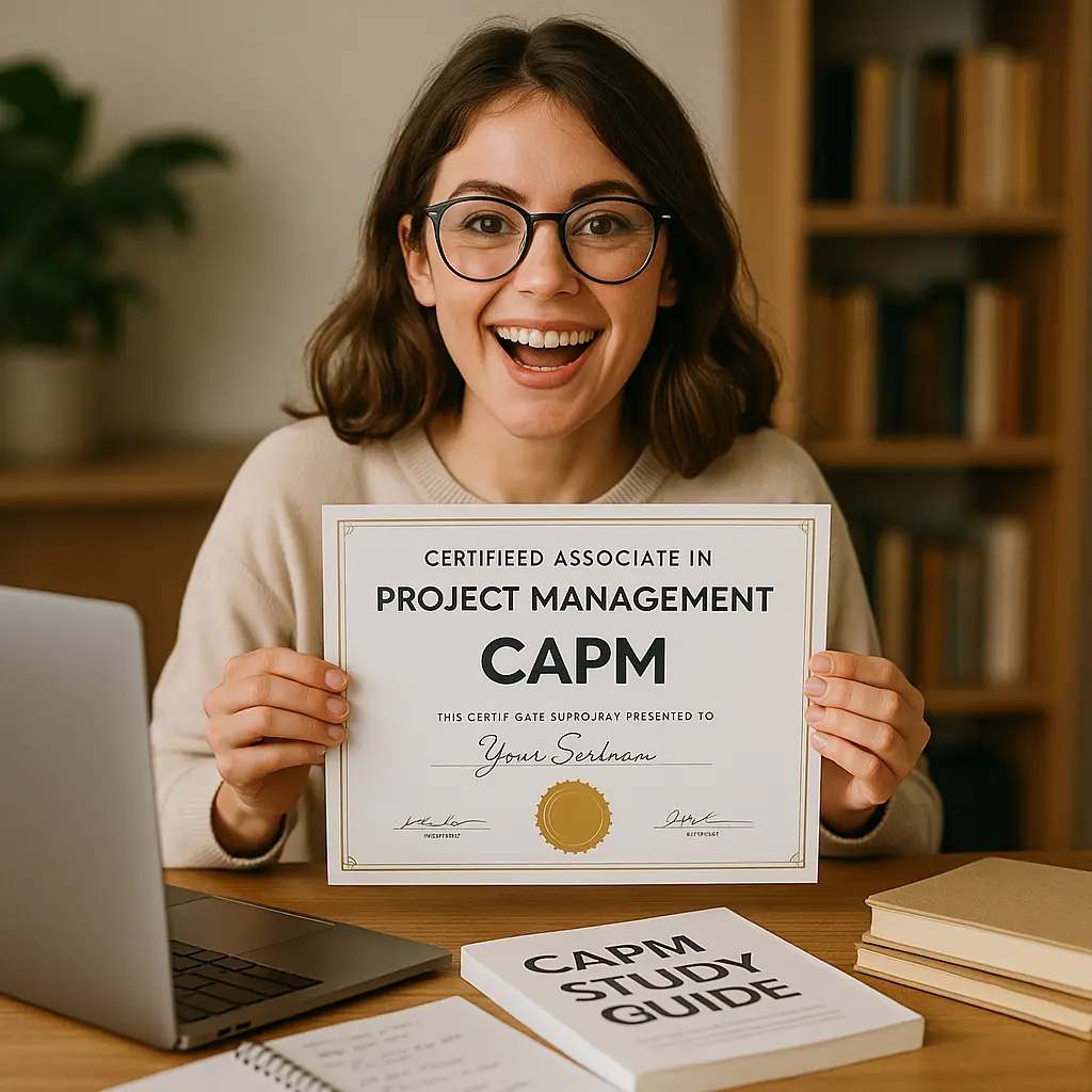 A smiling woman with glasses holds up a CAPM project management certificate at a desk with a laptop, notebook, pen, and a CAPM study guide in front of her. Bookshelves are visible in the background.