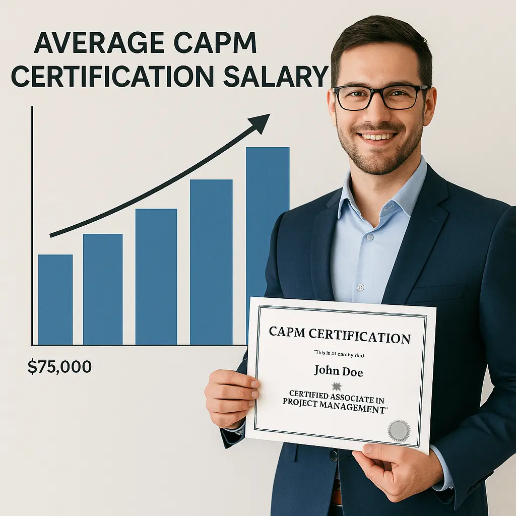 A smiling man in a suit holds a CAPM certification while standing next to a bar chart labeled "Average CAPM Certification Salary," highlighting how earning this credential can boost your CAPM certification salary up to $75,000.