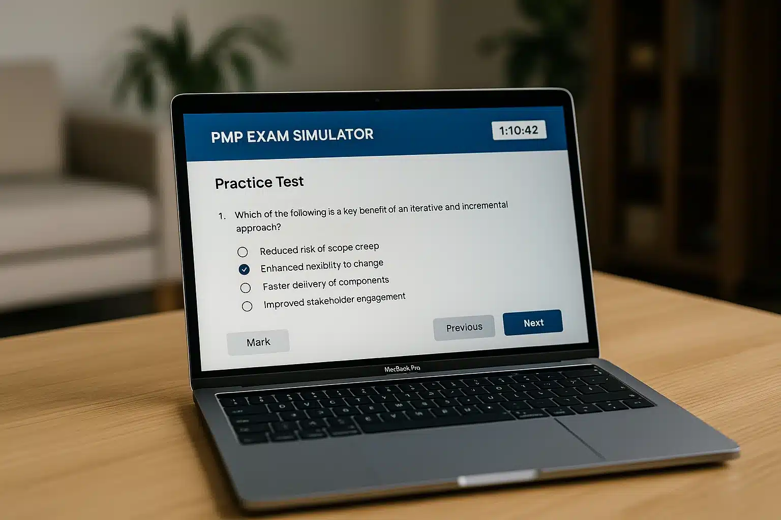 A laptop on a wooden table displays a PMP Exam Simulator practice test, showing a multiple-choice question with four answer options and navigation buttons for Mark, Previous, and Next.