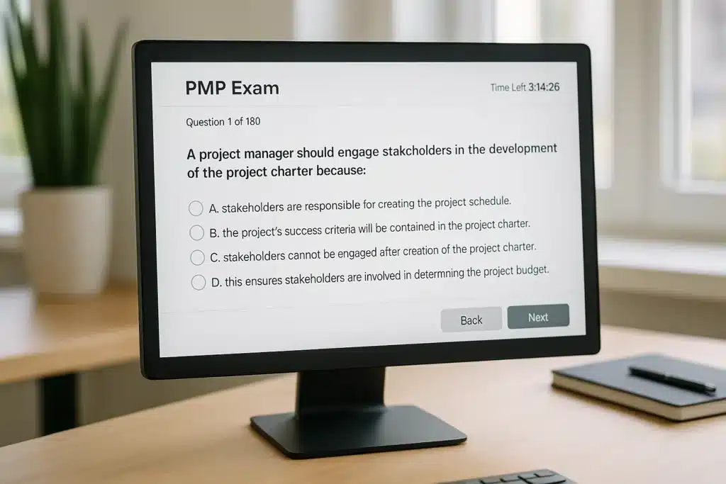 A computer monitor displays a PMP Exam question about stakeholder engagement in project charter development, with five multiple-choice answer options. The "Back" and "Next" buttons are visible at the bottom.
