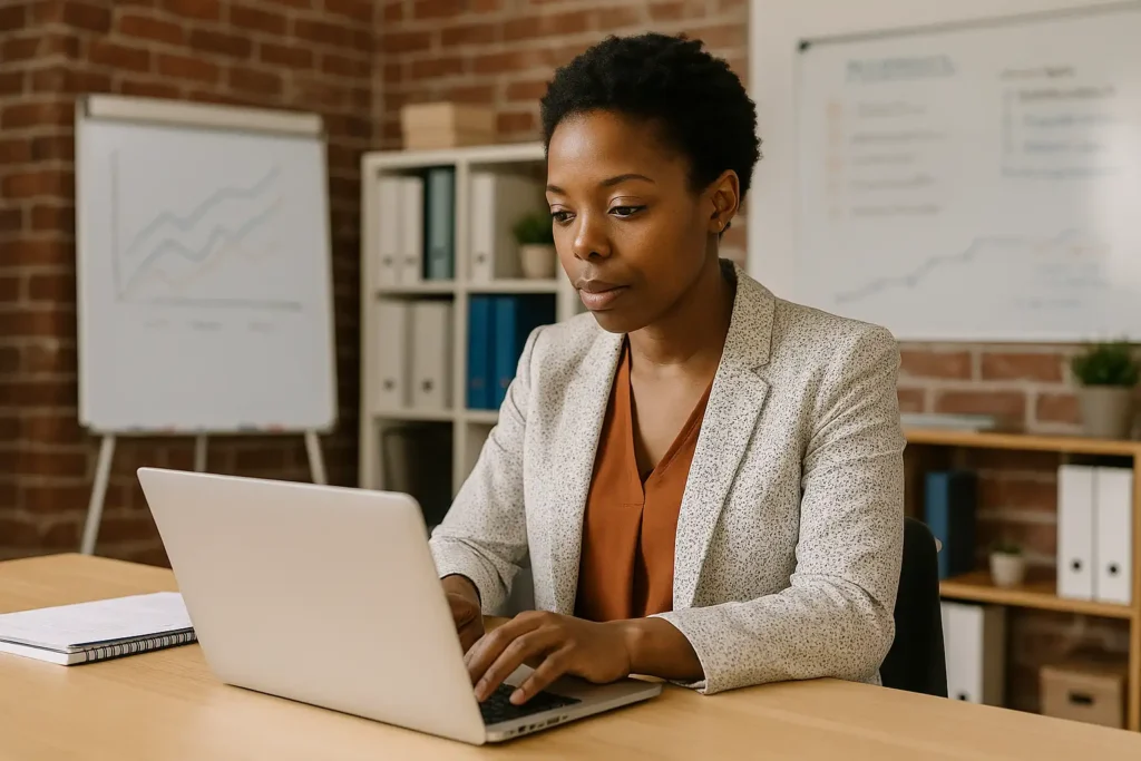 A woman in a blazer works on a laptop at a desk in an office with brick walls, shelves, and charts on whiteboards in the background.
