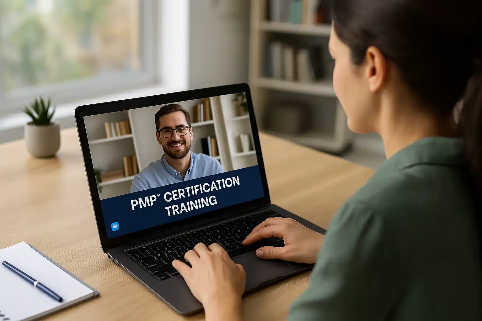 A woman sits at a desk using her laptop for a video call on PMP certification training, with a notebook and pen beside her.