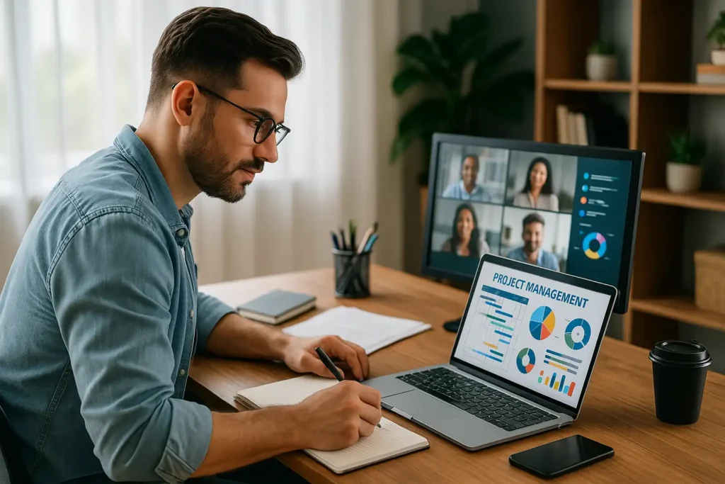 A man works at a desk with a notebook, writing while looking at his laptop. The laptop screen shows project management charts. In the background, a monitor displays a video call with four people.